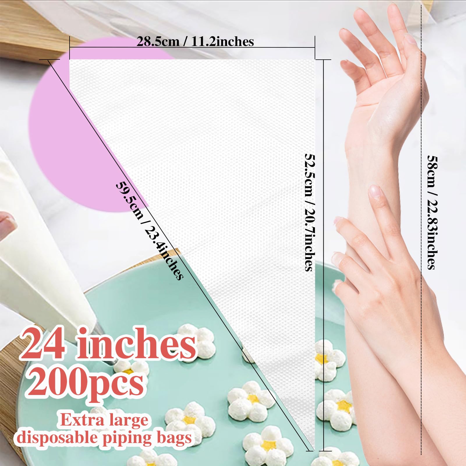24 Inch Extra Large Piping Bags, 200 PCS Clear Disposable Icing Bags, Thickened Non-Slip and Anti-Burst Pastry Bags for Baking and Decorating Desserts Cakes Cookie