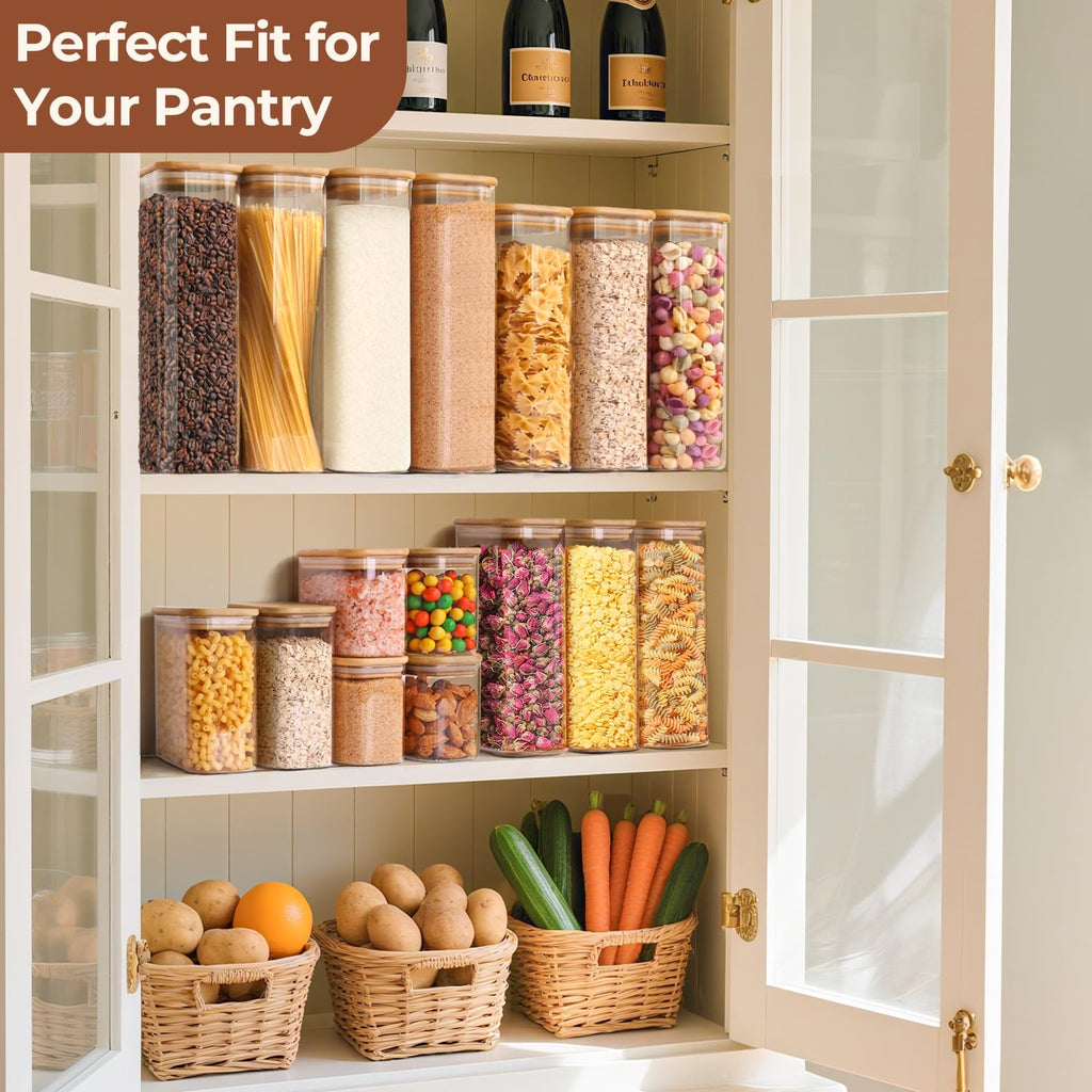 ComSaf 1.7L Rectangle Glass Containers with Lids, Glass Jars with Bamboo Lids, Clear Food Storage Jar, Cereal Storage Containers, Pantry Storage for Brown Sugar Pasta Flour Oats Nuts Tea