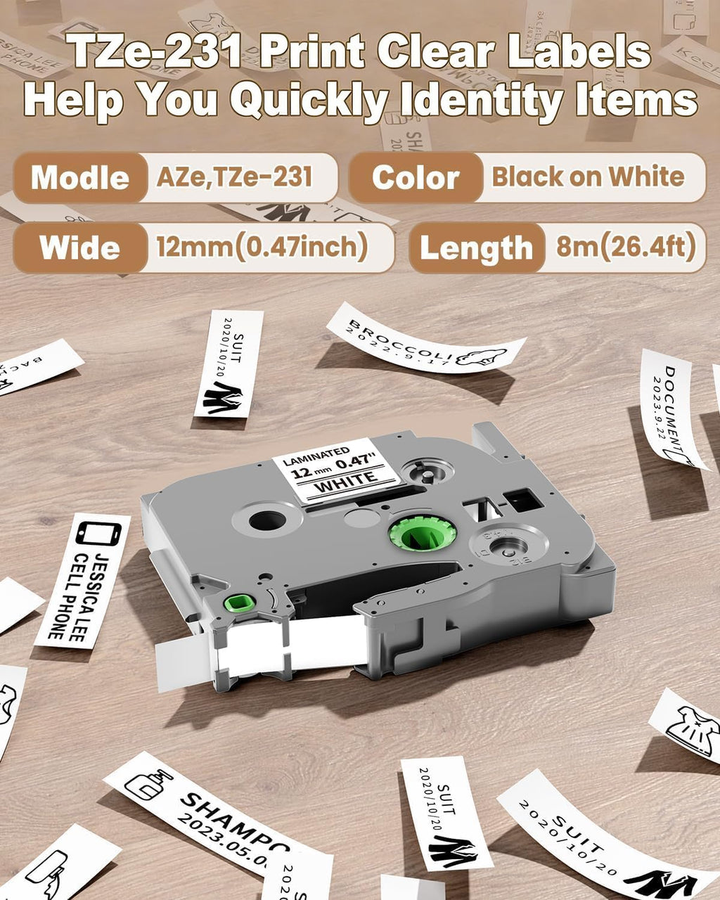 Tze-231 Laminated White Label Maker Tape Replacement for Brother P Touch Tze231 Tze Tz Tape 12mm 0.47" Compatible with Brother PTouch Label Maker PT-D210 PT-H110 PT-D220 PT-1880, 4 Pack