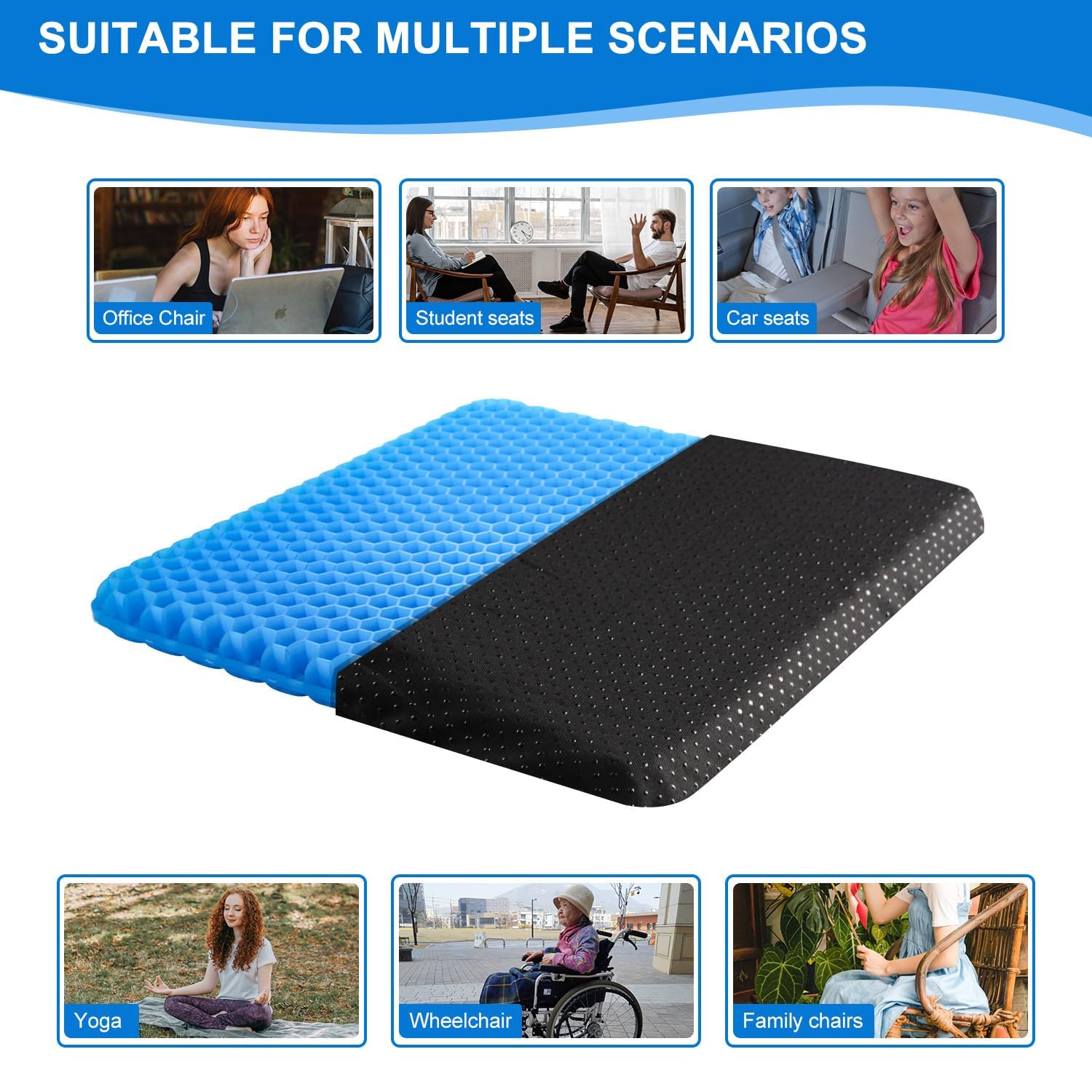 Gel Seat Cushion for Long Sitting with Non-Slip Cover,Soft & Breathable,Seat Cushion for Desk Chair,Wheelchair,Car,Office chair,stadium,airplane,blue support,air plane,bleacher,booster,sporting events