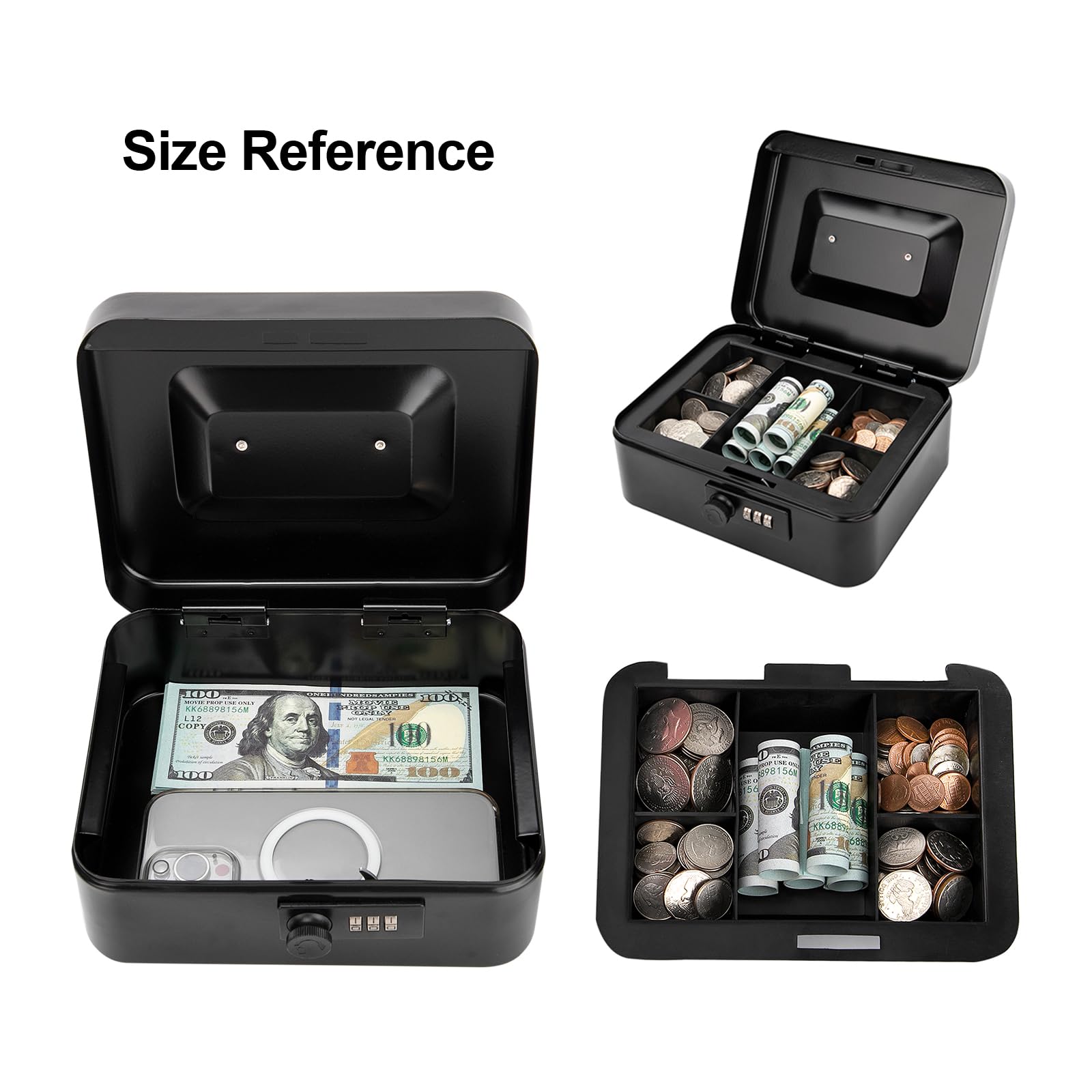 Jssmst Small Cash Box with Combination Lock – Durable Metal Cash Box with Money Tray Black,7.87 x 6.3 x 3.35 inches, CB0701M