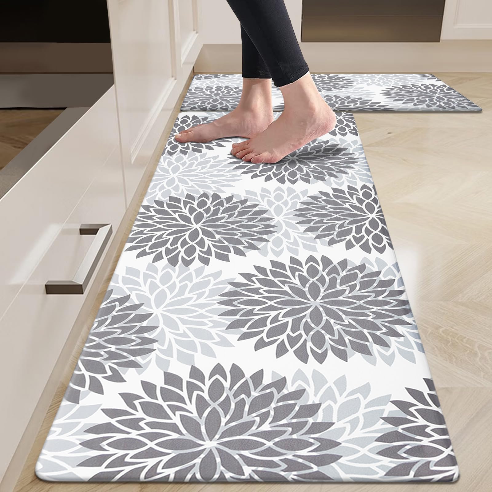 HEBE Anti Fatigue Kitchen Rug Sets 2 Piece Non Skid Kitchen Floor Mats 17"x48"+17"x28" Cushioned Comfort Standing Mat Waterproof Kitchen Runner Mats