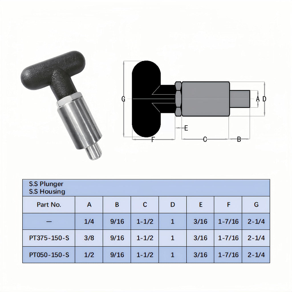 T knob Spring Loaded Pop Pin Spring Loaded Zinc Plated Steel Plunger POP Pull Pin Tire Carrier Pin , Black Plastic T-Handle Knob Round Nut W/Grub Screw Lock. (T-Handle, 3/8" Diameter)