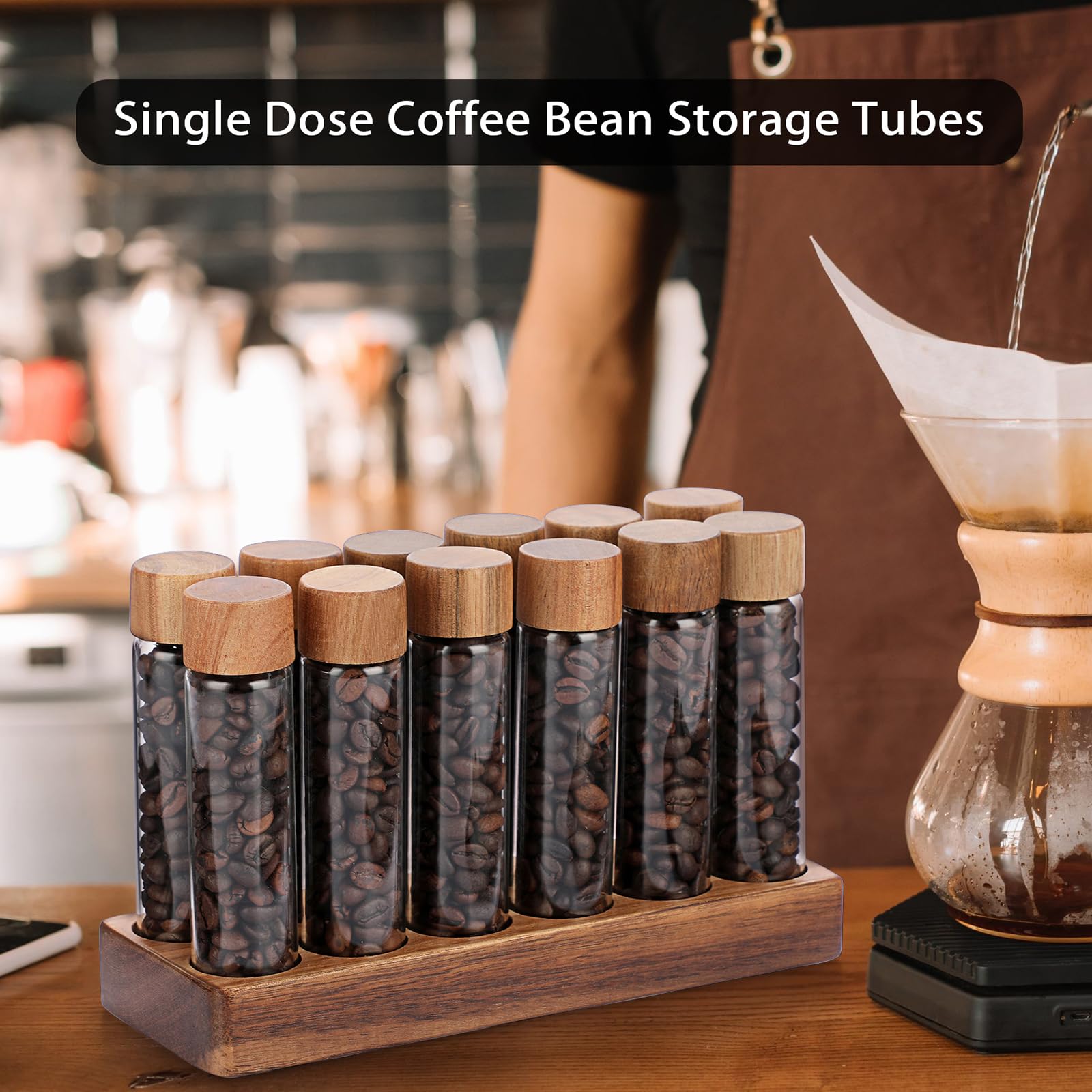 JuxYes Single Dose Coffee Bean Storage Tubes, 12pcs Coffee Bean Cellars with Lid, 2 oz Glass Espresso Bean Container with Wooden Holder Stand, Sealed Dosing Glass Vials for Tea, Candies, Spices