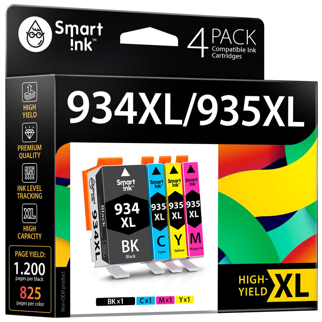 Smart Ink Compatible Ink Cartridge Replacement for HP 934 XL 935XL 934XL 935 XL High Yield 4 Pack (Black&C/M/Y) to use with Officejet 6220 6812 6815 6820 Officejet Pro 6230 6830 6835 Printers