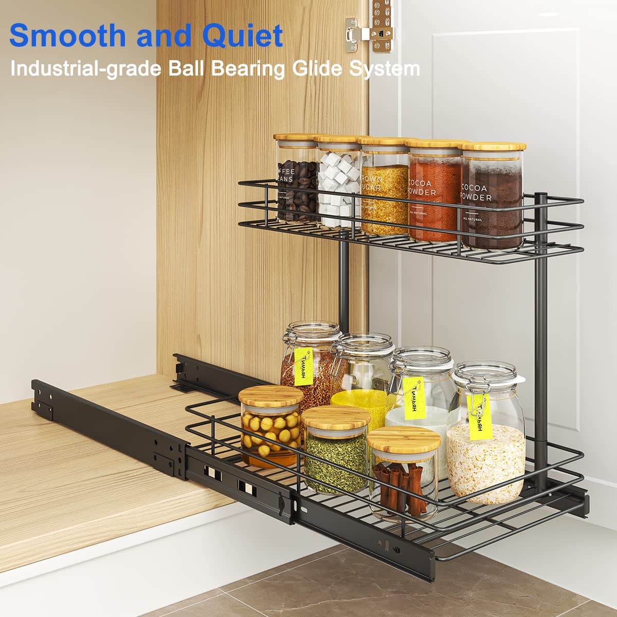 FANHAO Pull Out Cabinet Organizer, 2 Tier Wire Basket Under Sink Slide Out Storage Shelf with Sliding Drawer Storage - 10.43W x 17.32D x 14.56H, Request at Least 12 inch Cabinet Opening, Matte Black