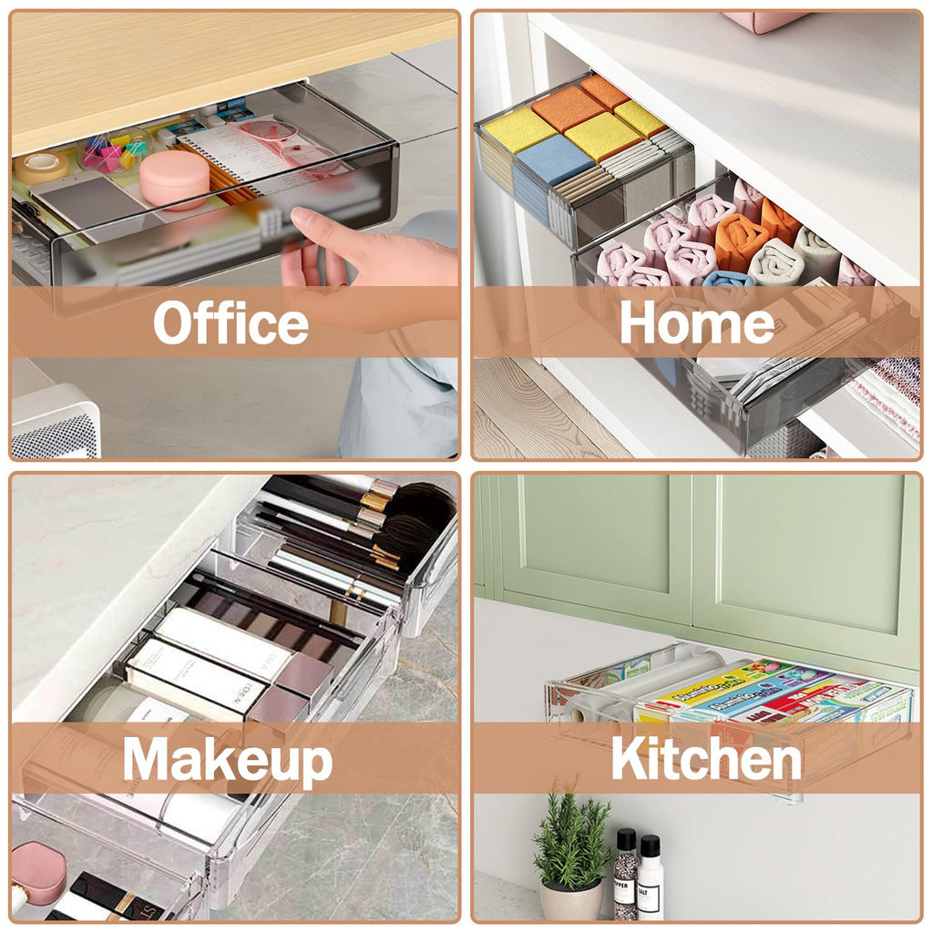 SVNNELP Under Desk Table Drawer Storage Organizer,3 Pack Large & Medium & Small Slide Out Desk Drawers - Hidden Desktop Organizer,Attachable Pencil Storage Tray Under Table(Clear Black), S+M+L