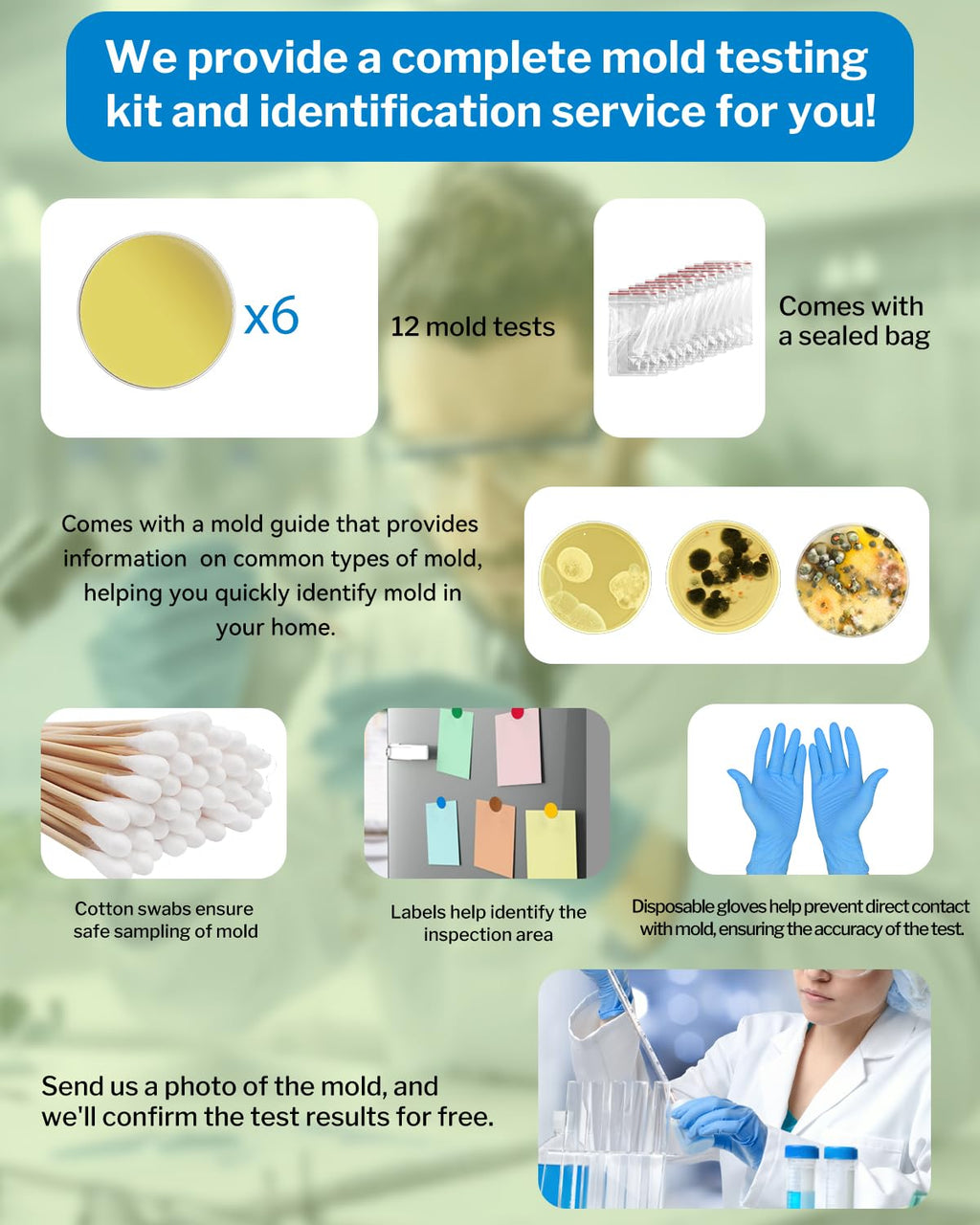 Mold Test Kit for Home - DIY Mold Test Kit for Indoor Air and Household Surface Detection, Includes Detailed Mold Identification Guide and Free Lab Analysis - 6 Detection Tests