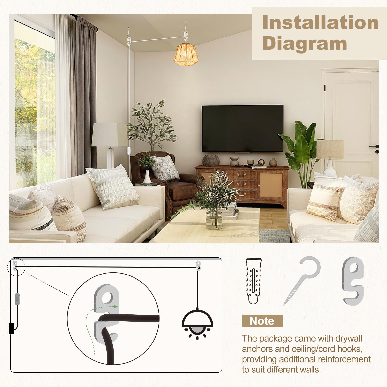 DiCUNO Hanging Extension Lantern Cord, 19.7Ft Cable with E26 Bulb Socket, 2-Prong Plug and On/Off Switch Button, White Pendant Lamp Cord for Kitchen Bedroom Plant Growth Light, 2 Pack