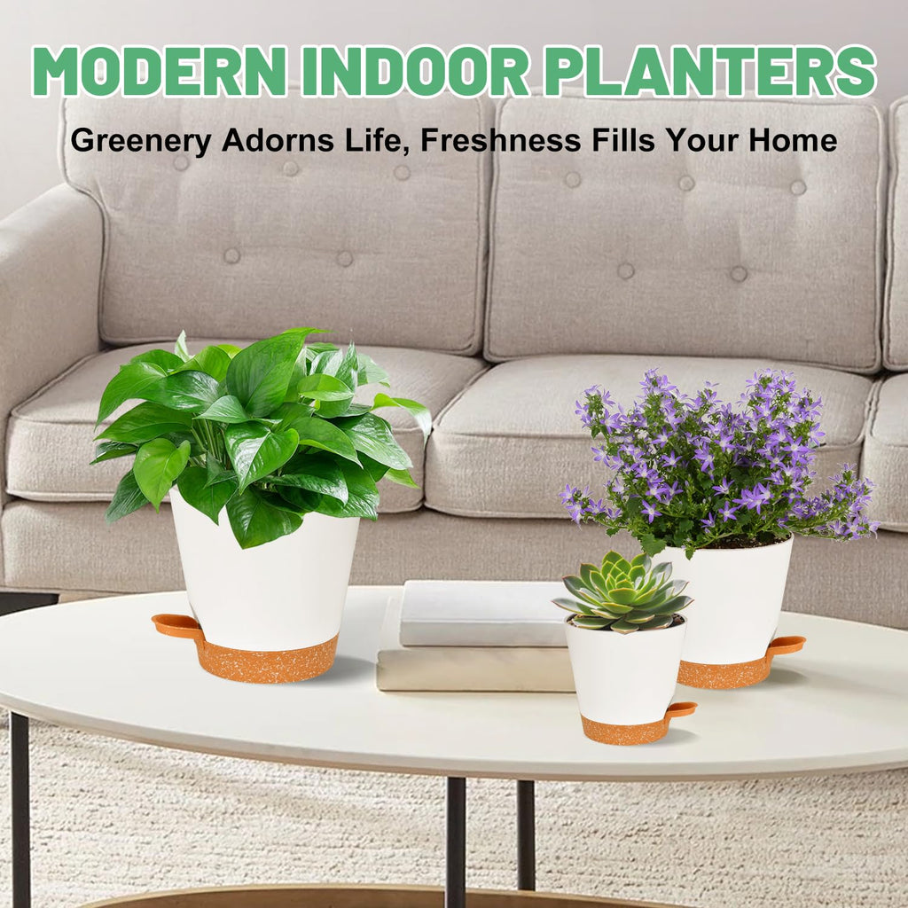 Plant Pots 5 Pack 7+6.5+6+5.5+5 Inch, Self Watering Planters with Drainage Hole, Plastic Plant Pots Indoor Decorative Modern Planting for Various Plants, Planters for Indoor Plants