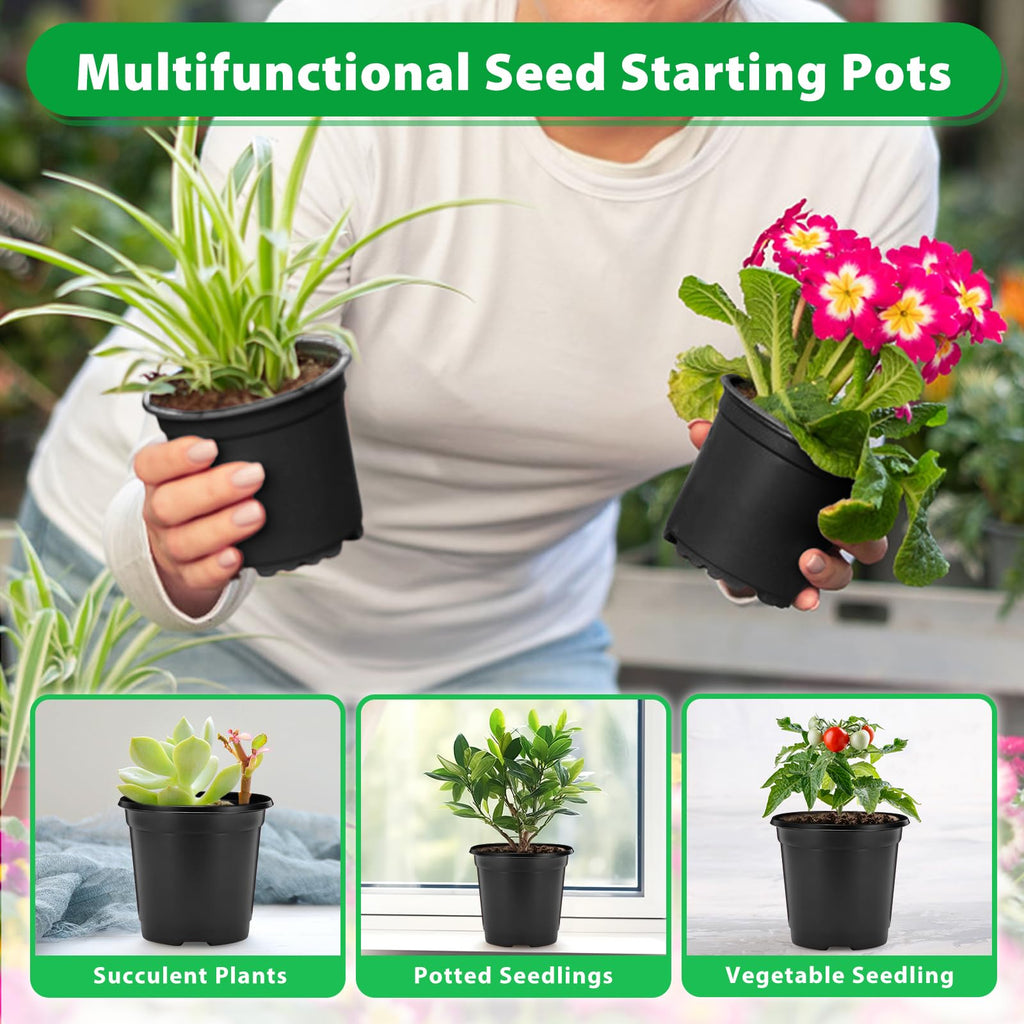 Sfee 100 Pack Plant Nursery Pots 4 inch Plastic Plant Pots, Soft Durable Reusable Seed Starting Pots for Succulents Plants Vegetables Fruits Seedlings Transplanting with 100 Plant Labels (Black)