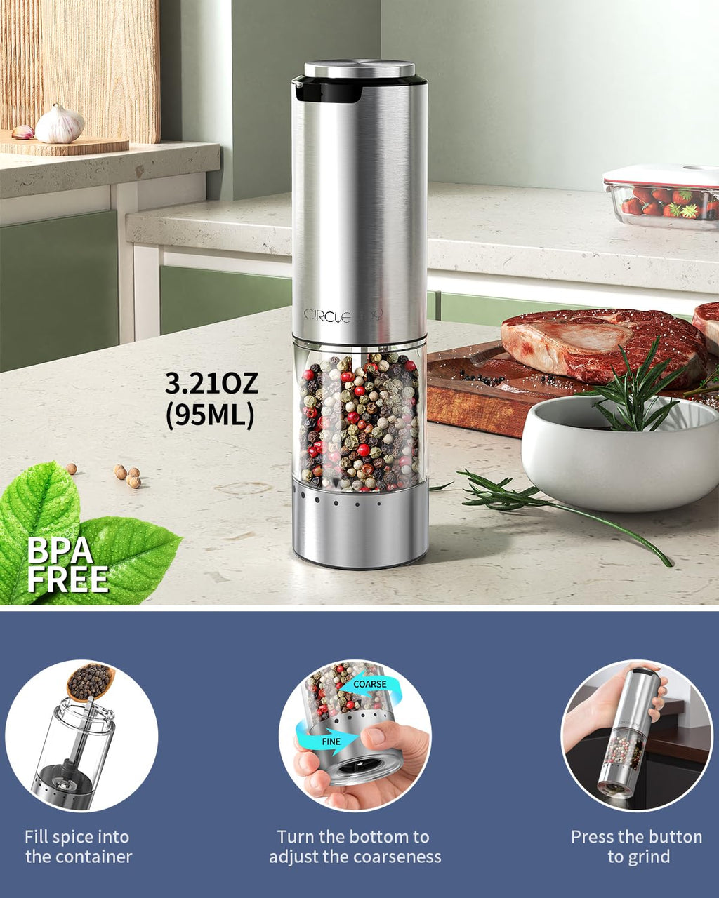 CIRCLE JOY Electric Pepper Grinder Stainless Steel Rechargeable Pepper Mill Grinder with External Adjustable Coarseness, White LED Light, USB Cable