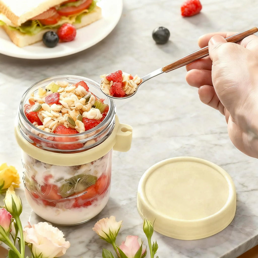 Oillase 4 Pack Overnight Oats Containers with Lids and Spoons, 16 oz Glass Mason Jars with Airtight Lids, Overnight Oats Jars for Milk, Cereal, Fruit