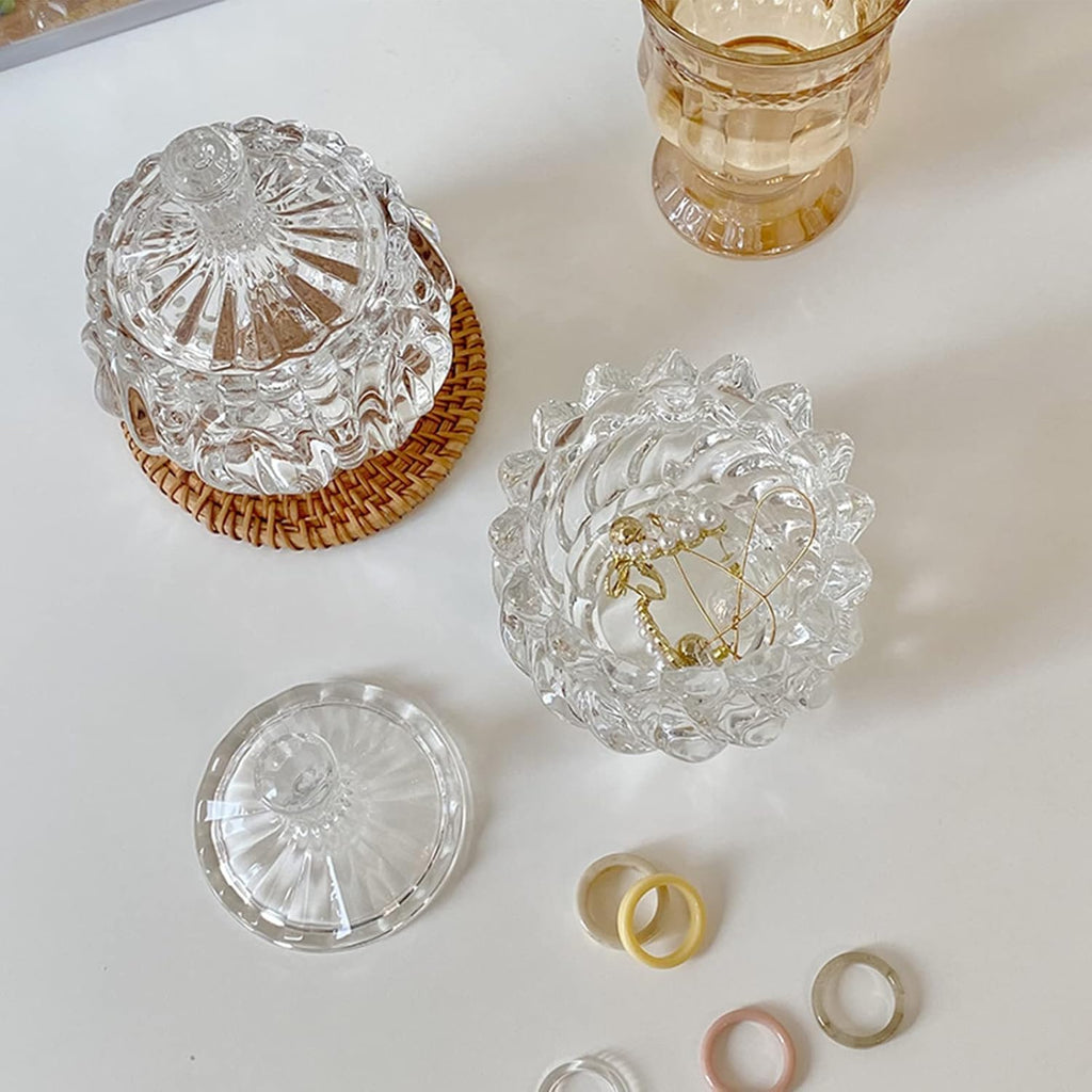 YOUEON Set of 4 Glass Covered Candy Dish with Lid, Crystal Candy Jar Clear Decorative Glass Jars Sugar Dish for Candy Buffet, Party, Wedding, Countertop, 4 Styles