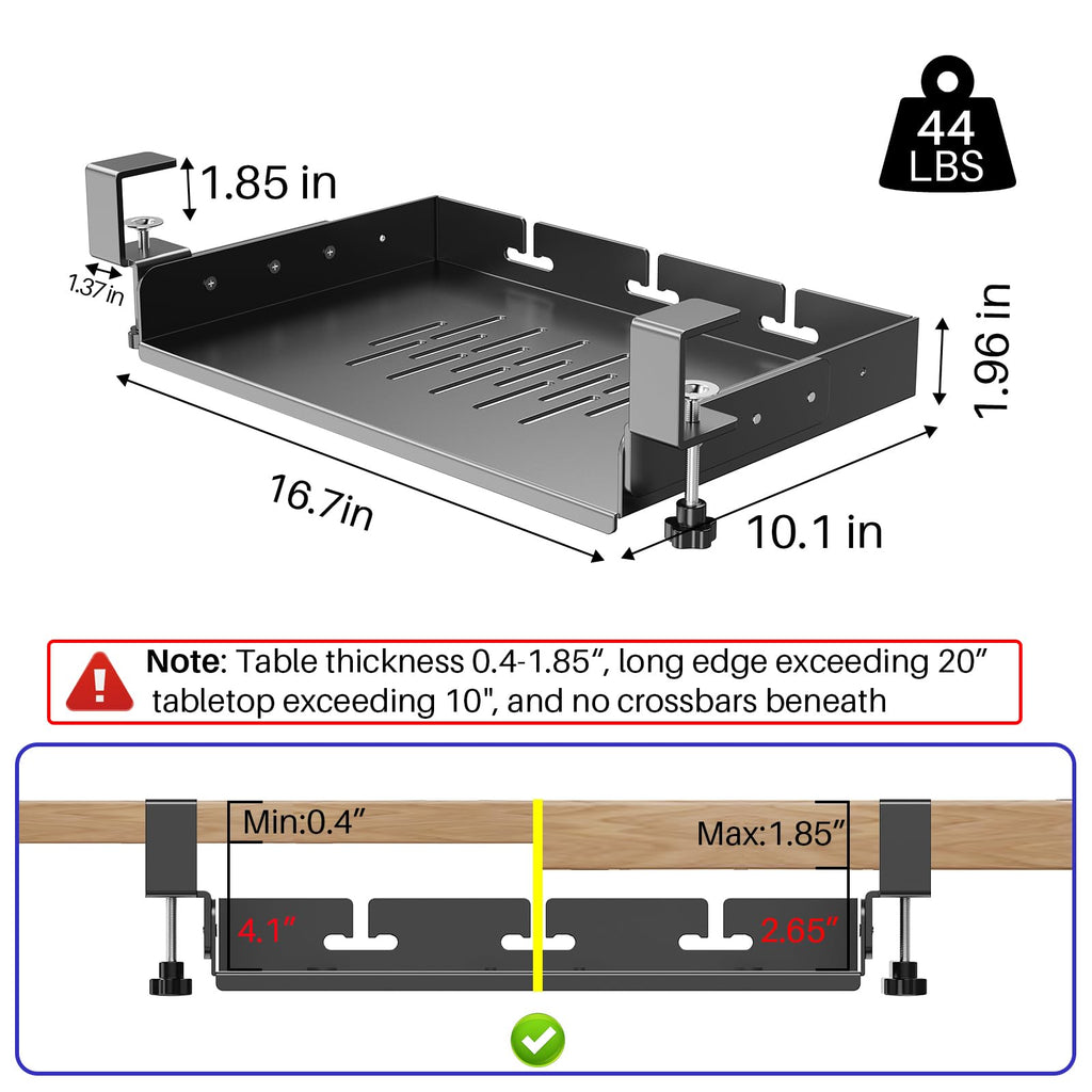 No Drill Under Desk Laptop Mount, Metal Under Desk Storage Shelf with Cable Management, Laptop Storage Tray for MacBook, Keyboard, Mac Mini, Anti-Scratch Silicone, Fits Office, Gaming, Workstations