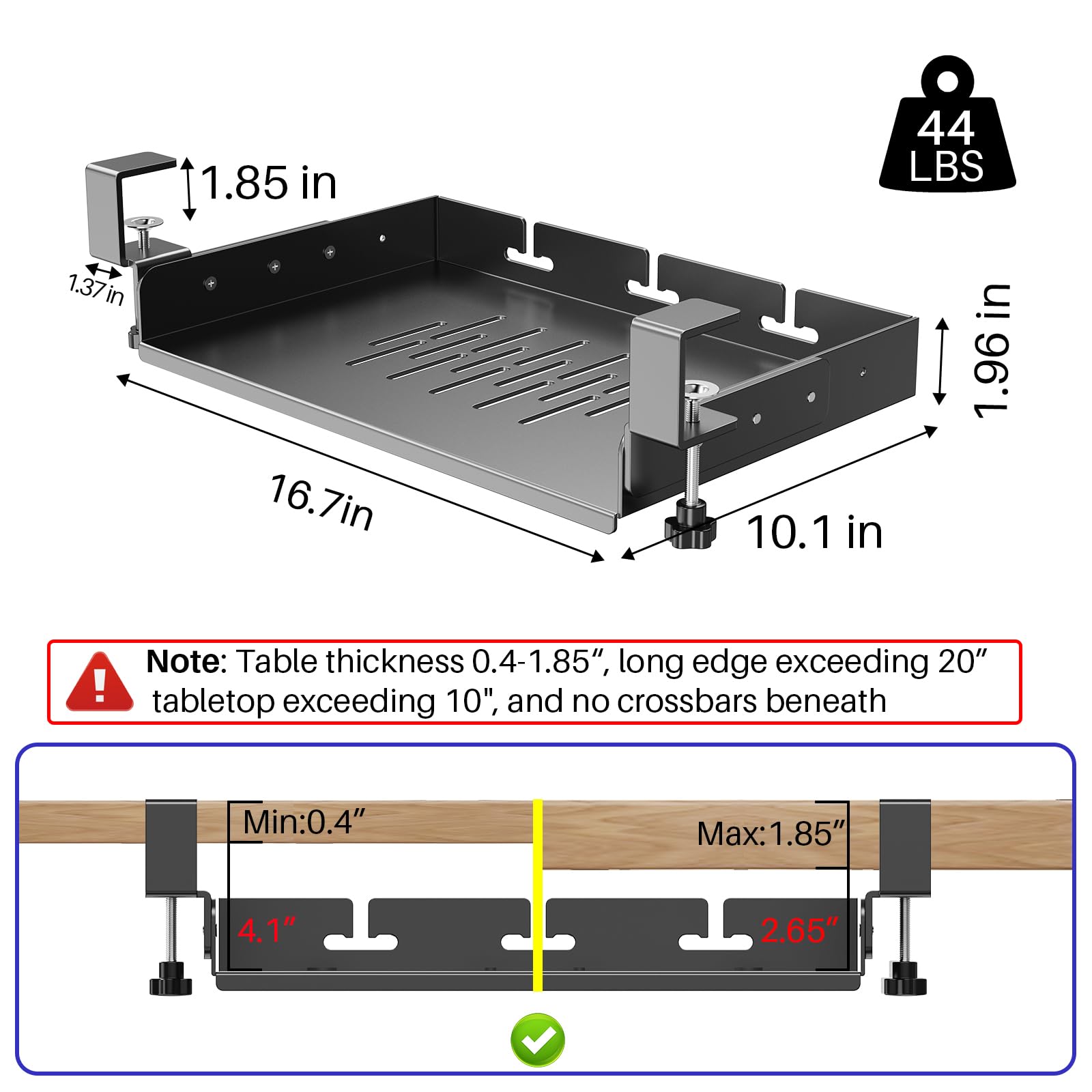 No Drill Under Desk Laptop Mount, Metal Under Desk Storage Shelf with Cable Management, Laptop Storage Tray for MacBook, Keyboard, Mac Mini, Anti-Scratch Silicone, Fits Office, Gaming, Workstations