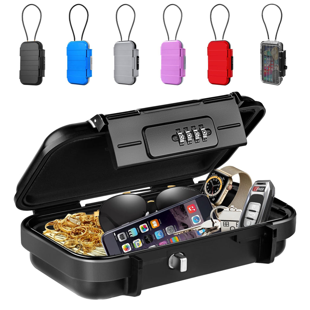 BKNOOU Travel Safe Portable Beach Safe Box Small Combination Safe Anti-Theft Lock Box Safe Waterproof Mini Security Case with Removable Wire Rope Security Box for Home,Office,Hotel,Cars,Travel (Black)