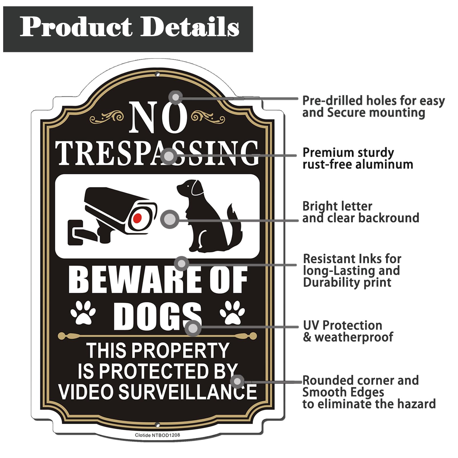 Clotide 2 Pack Beware of Dogs Sign, 12" x 8" Rust Free Aluminum Metal No Trespassing Private Property Sign, UV Protected and Weatherproof, Durable Ink, Easy to Install, Indoor/Outdoors Use (Black)