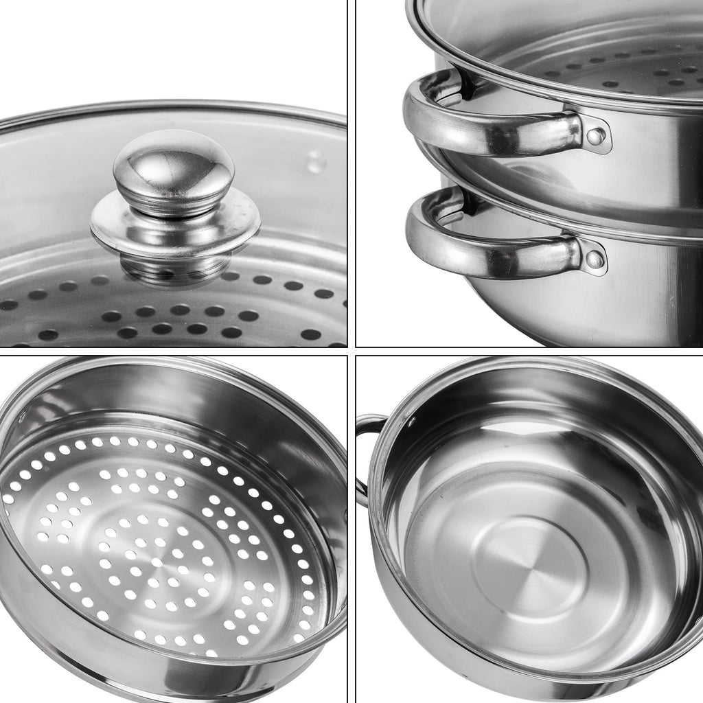 ZENFUN Steamer Pot With Lid 2 Tier, Multipurpose Stainless Steel Steaming Pot, Steam Pots With Handle For Vegetable, Dumpling, Food, 11 Inch（Thickened）