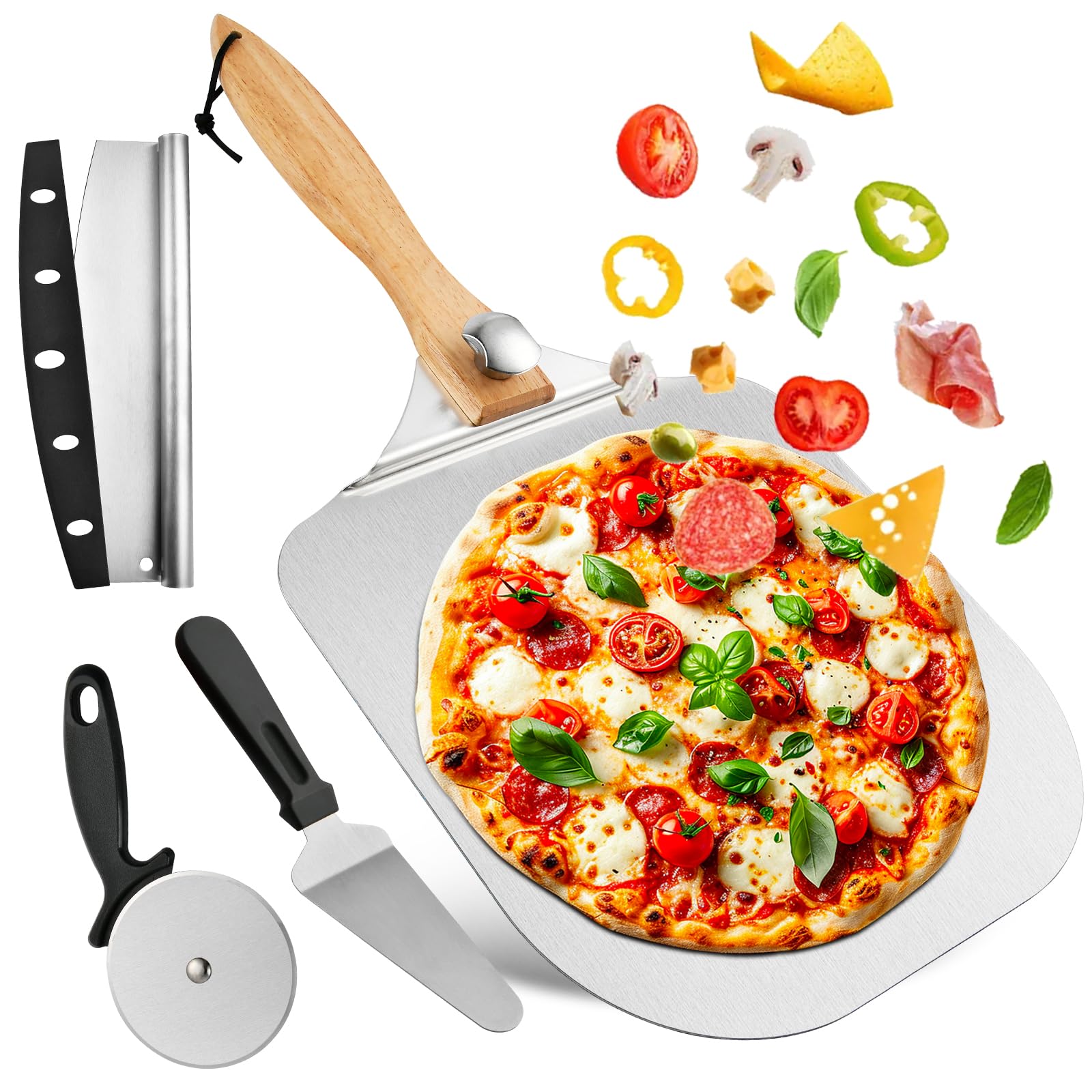 Worldity 4 Pcs Pizza Oven Accessories Set, Stainless Steel Pizza Peel, Foldable Pizza Spatula with Pizza Cutter and Shovel, Pizza Paddle for Baking Pizza, Bread, Pastry