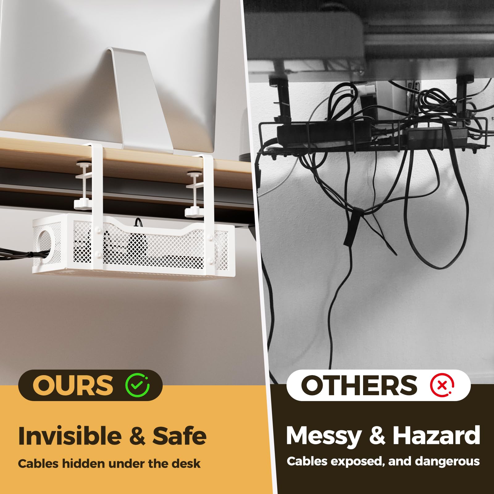 Under Desk Cable Management Tray White, Cinati Cable Management Under Desk No Drill, Cable Tray with Clamp for Desk Wire Management,Desk Cable Management Box for Office, Home - No Damage to Desk