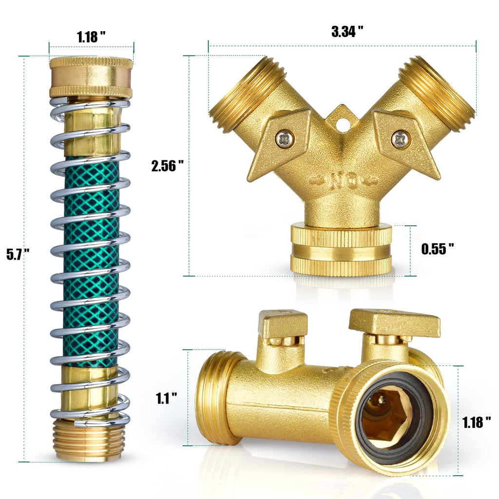 Brass Hose Splitter 2 Way, Heavy Duty Garden Hose Y Splitter with 2 Hose Protectors 6 Extra Rubber Washers