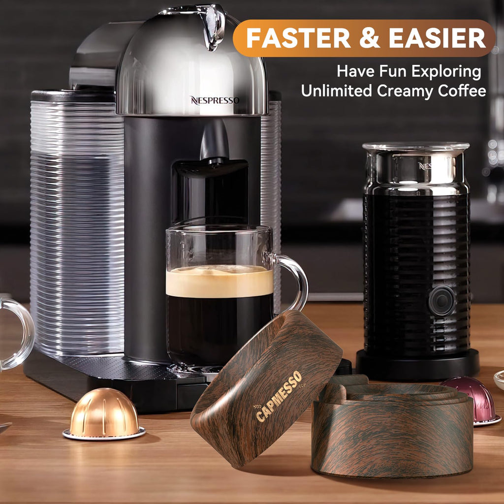 Reusable Vertuo Pod Refill Kit for Nespresso: Reusable Vertuo Capsule for Nespresso/Coffee Pods Vertuoline with 100 Aluminum Foil Lids for Any Size of Vertuo Plus Espresso Pod- Wood Grain Holder