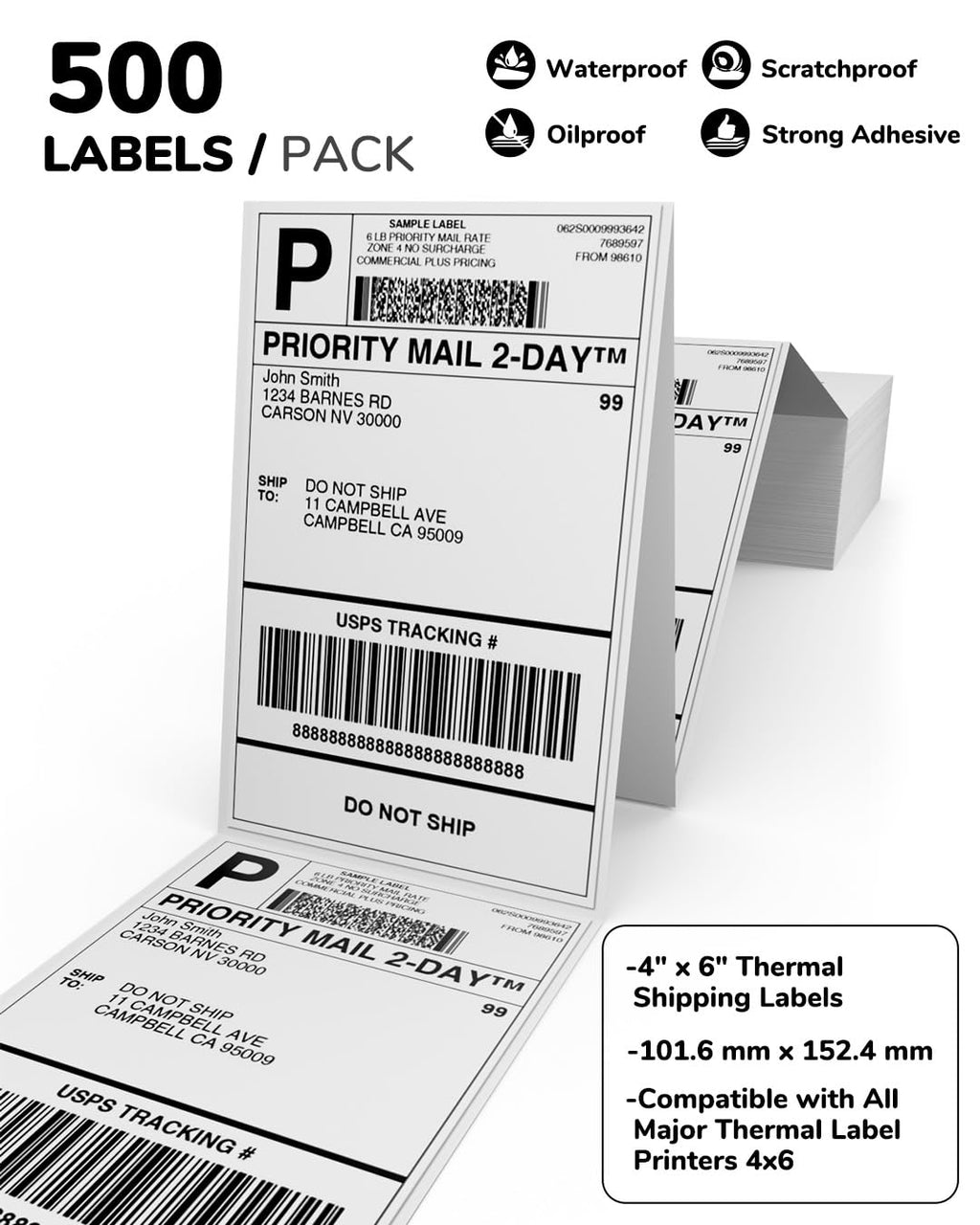 4x6 Thermal Shipping Labels for Thermal Printers - 500 Thermal Labels, Commercial Grade, Compatible with Multiple Shipping Label Printer, Ideal for E - Commerce & Logistics Business, White
