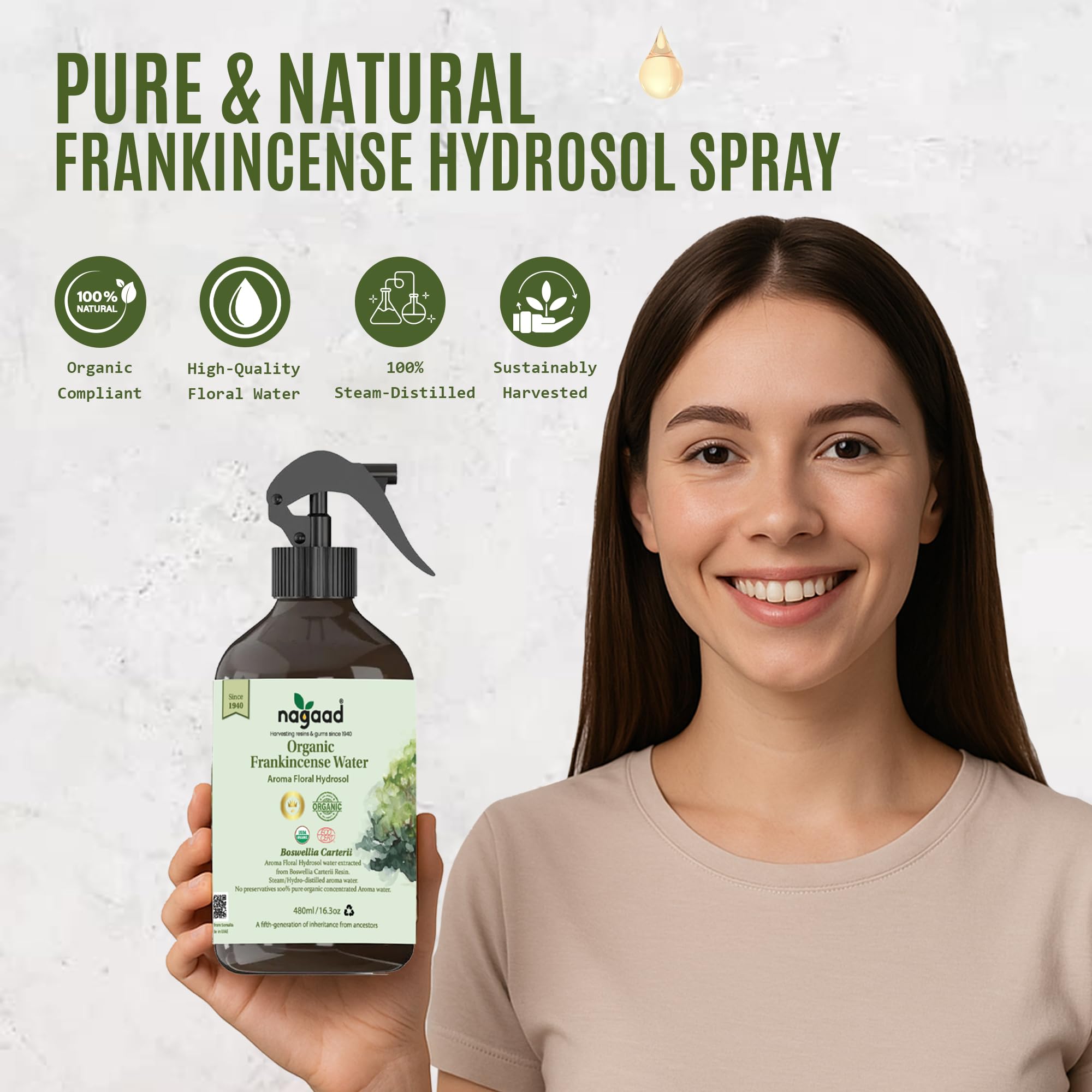Nagaad Boswellia Carterii Frankincense Hydrosol Spray 16.23 fl oz -100% Organic Floral Water | Air Freshener Spray, Room Spray & Facial Hydrosol | Hydrosol with Frankincense.