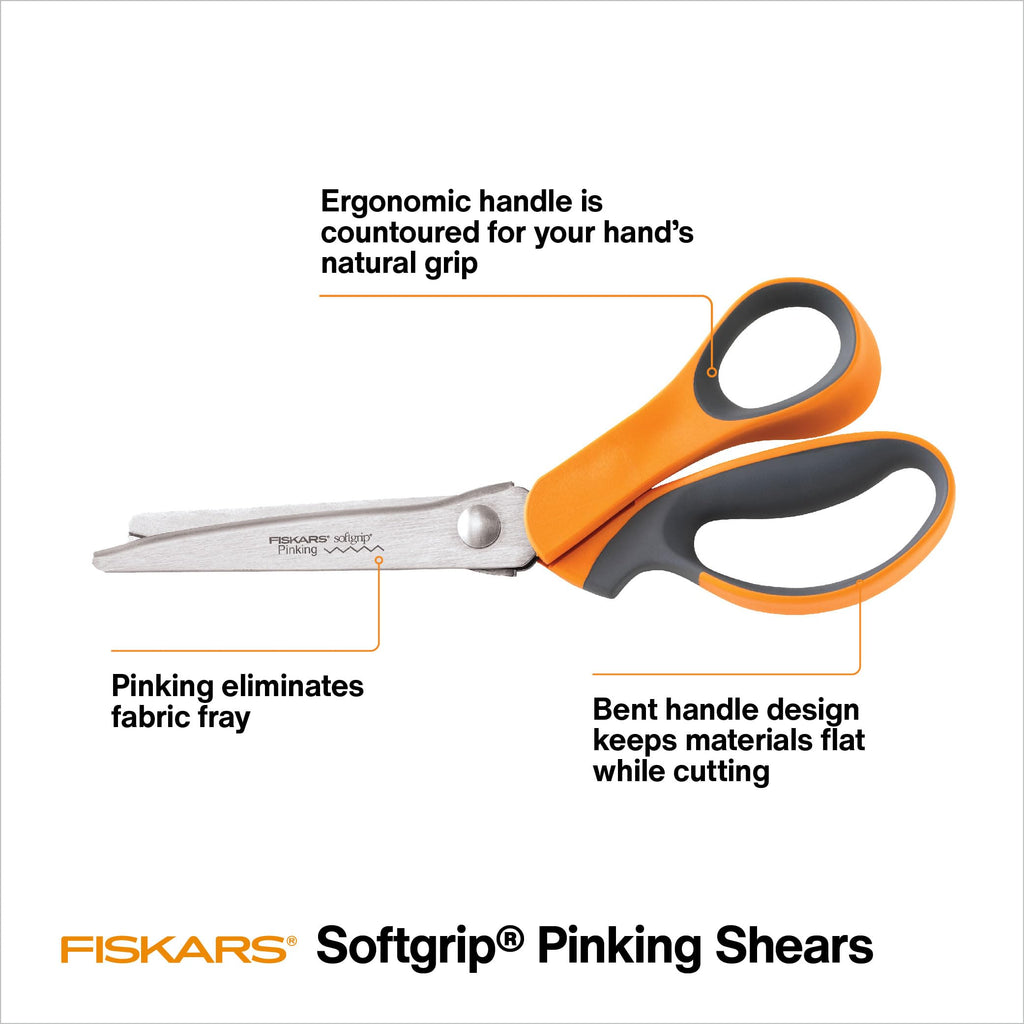 Fiskars SoftGrip Pinking Shears, 8 Inch Fabric Scissors for Sewing and Quilting, Zigzag Edge to Reduce Fraying, Ergonomic Bent Handle, Orange/Gray