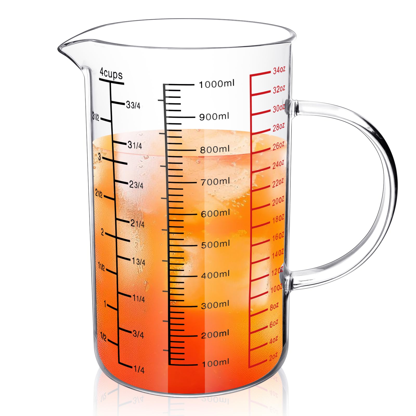 Worldity 33.82OZ/1000ML 4 Cup Glass Measuring Cup with V-Shaped Spout & Triple Scales, Heat Resistant Borosilicate Glass Measuring Cup with Handle, 3 Scales (ML/OZ/Cup) for Kitchen Baking, Restaurant