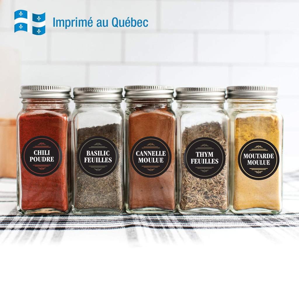 Etiquette epices Francais ; 210 autocollants épices en français ; Etiquette autocollante epice ; résistantes à l'eau et à l'huile 38 mm ; avec autocollants supplémentaires vierges Imprimées au québec