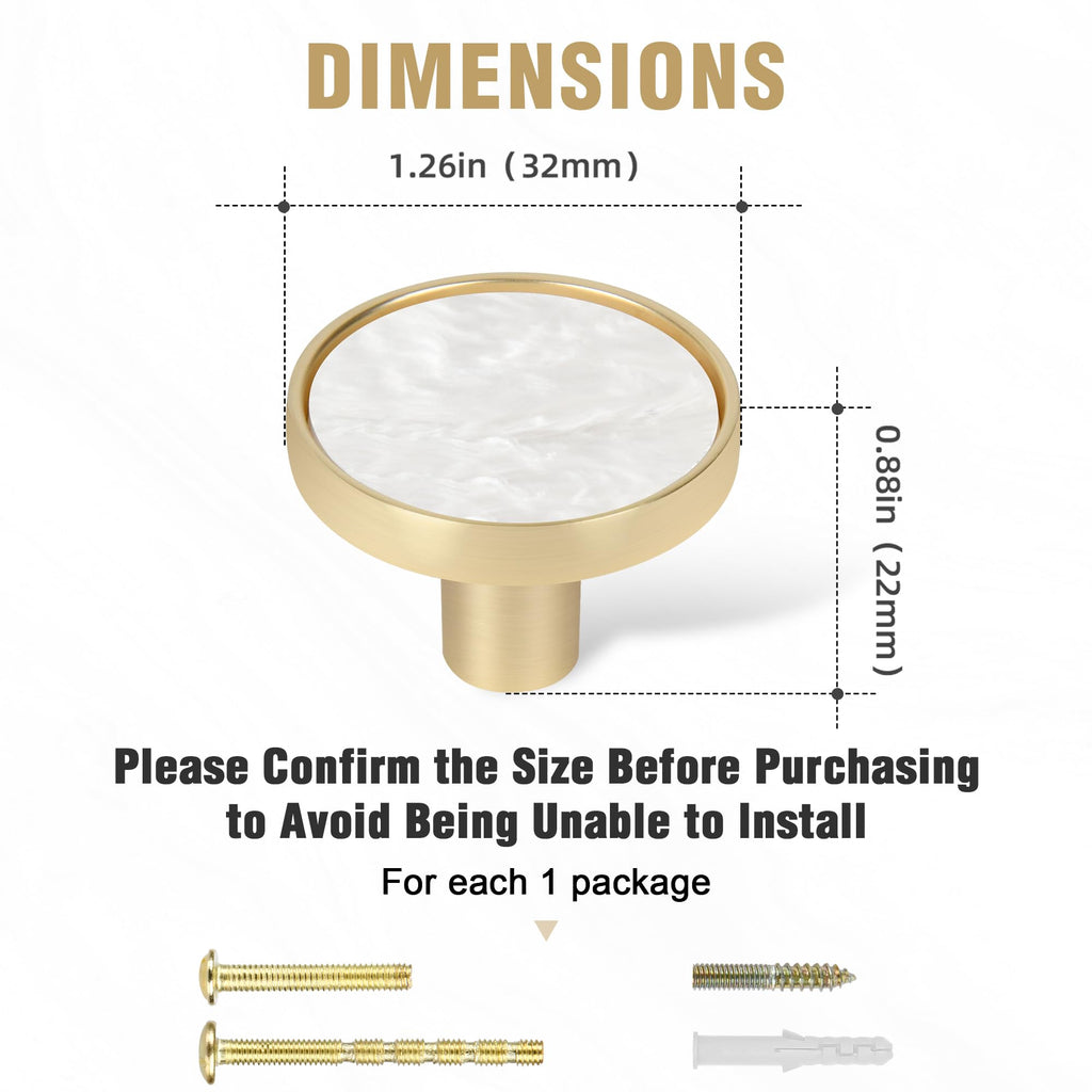 Dechours Pearl Gold Drawer Knobs, Dresser Knobs 6 Pack, 32mm Brushed Gold Cabinet Knobs, Wall Hooks (Snow White Pearl Surface)