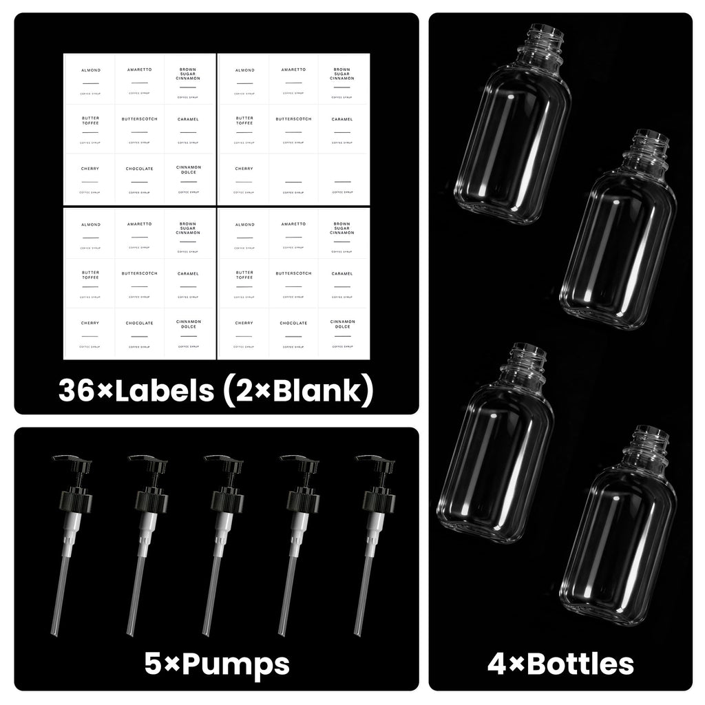 Coffee Syrup Dispenser & Coffee Bar Accessories – 4 Bottles, 5 Pumps, Plastic