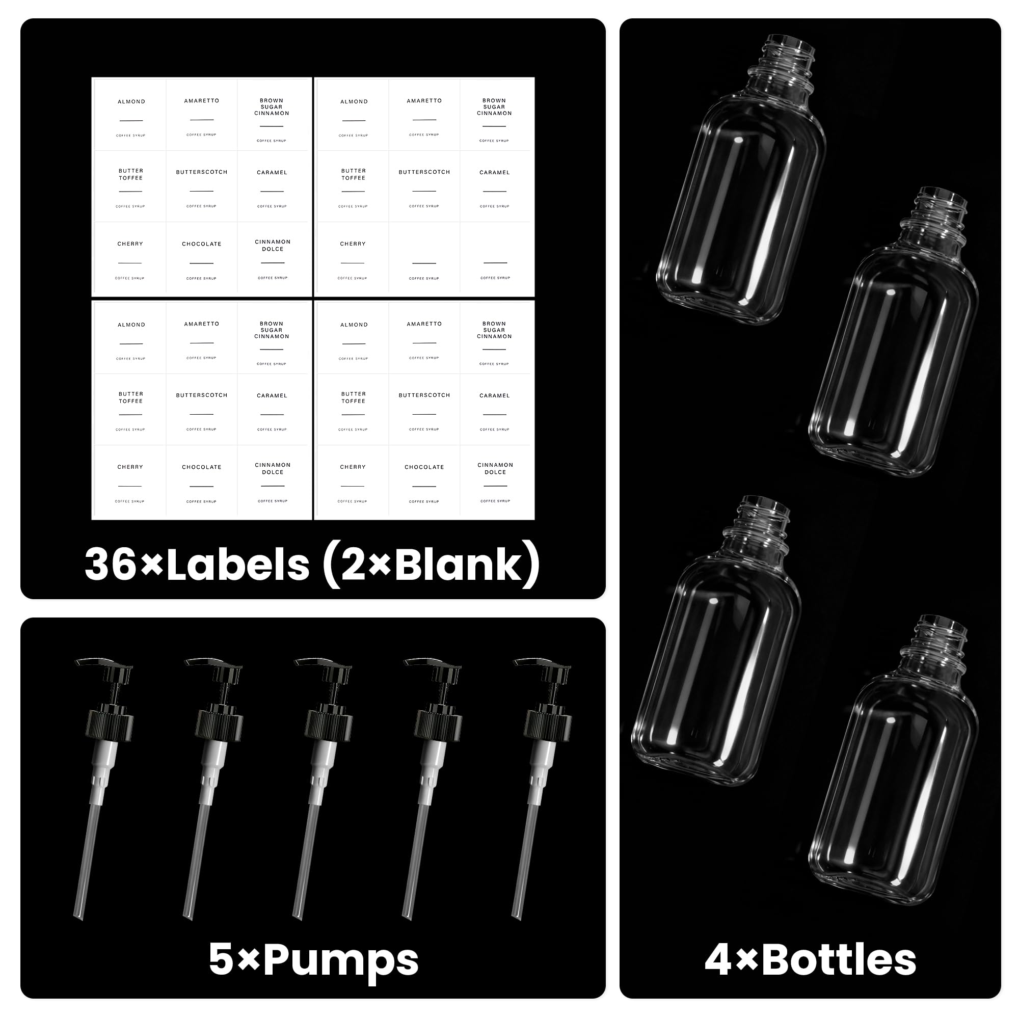 Coffee Syrup Dispenser & Coffee Bar Accessories – 4 Bottles, 5 Pumps, Plastic