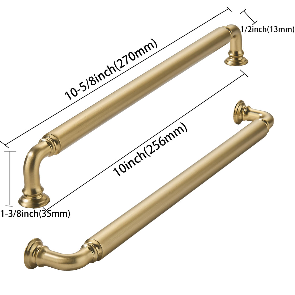 khtumeware 2-Pack Brushed Brass Heavy-Duty Solid Cabinet Pulls, 10 Inch(256mm) Hole Center, Satin Gold Drawer Pulls, Cabinet Hardware, Suitable for Kitchen Cabinets, Bathrooms and Dressers