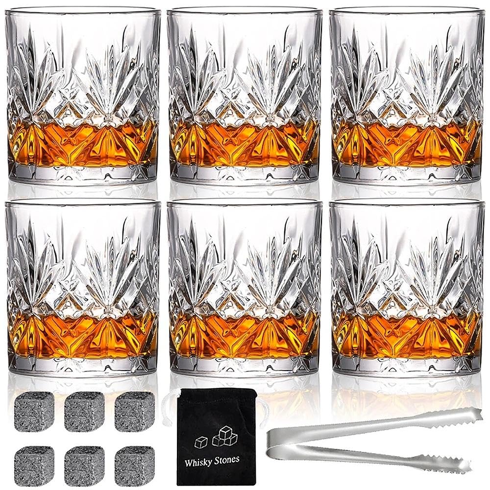 Whiskey Glasses Rocks Glasses 10oz Old Fashioned Glass Set of 6 Clear Whisky Glasses Lowball Glassware Drinking Tumblers Cups for Cognac Cocktail Bourbon Rum Brandy Bar Men Gift