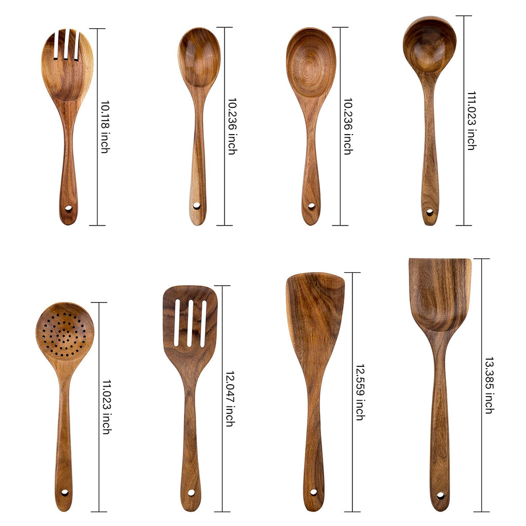 WOODME Kitchen Utensils Set 8 Piece Teak Wooden Cooking Utensil Set Non-Stick Pan Wood Spoons and Spatula Cookware for Home Everyday Use &Kitchen Tools (8pcs)
