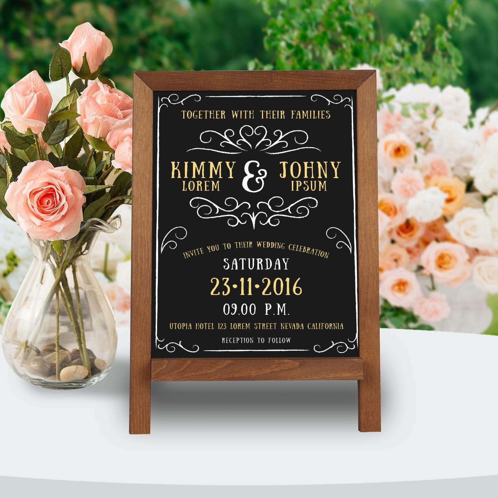 QUEENLINK Magnetic Chalkboard Sign with Stand, 9.5" x 14" Tabletop Wooden Framed Chalk Board, Small Desktop Menu Board for Kitchen Vintage Wedding（Brown）
