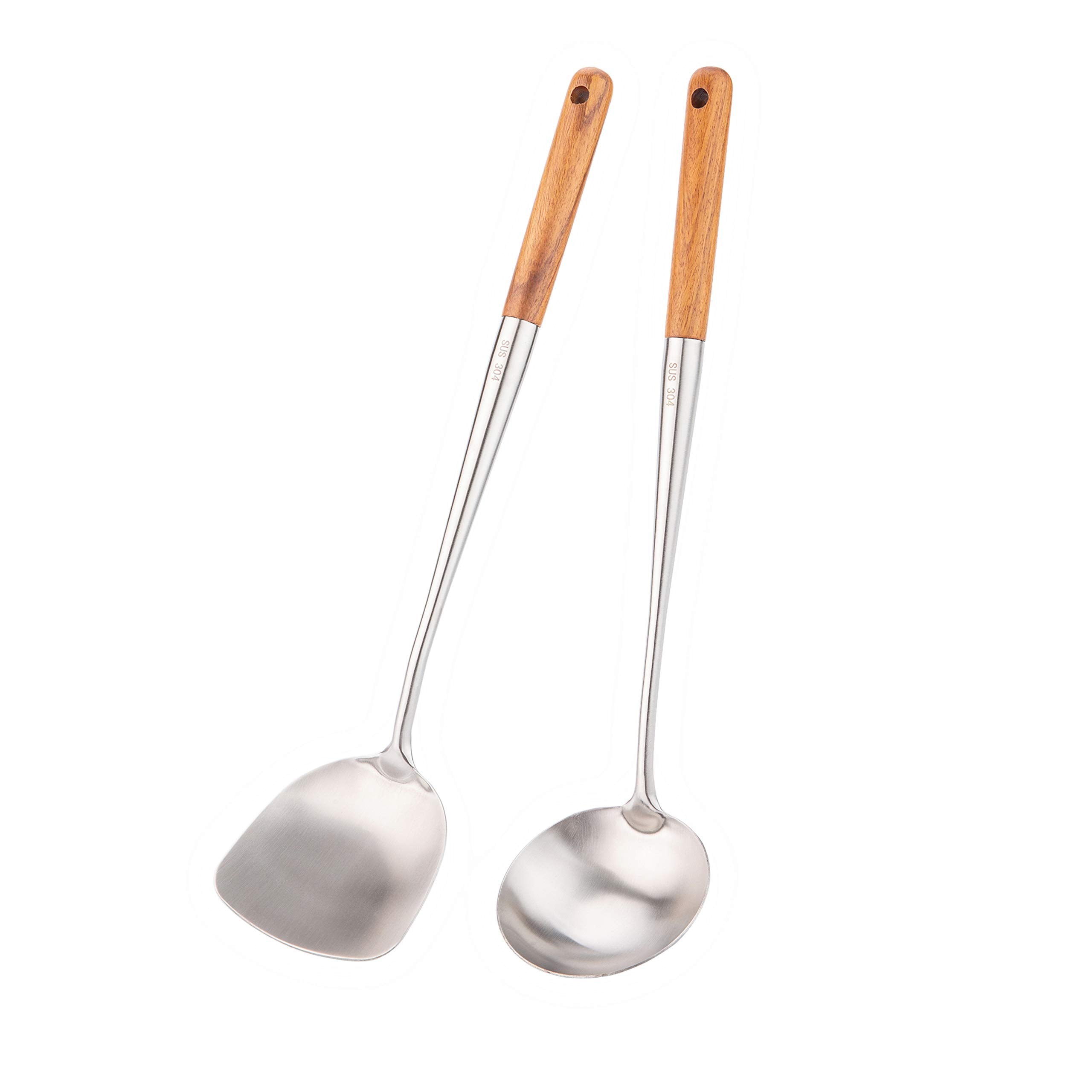 FJNATINH Wok Spatula and Ladle Tool Set, 17inches Spatula for Wok, 304 Stainless Steel Spatula Soup Ladle