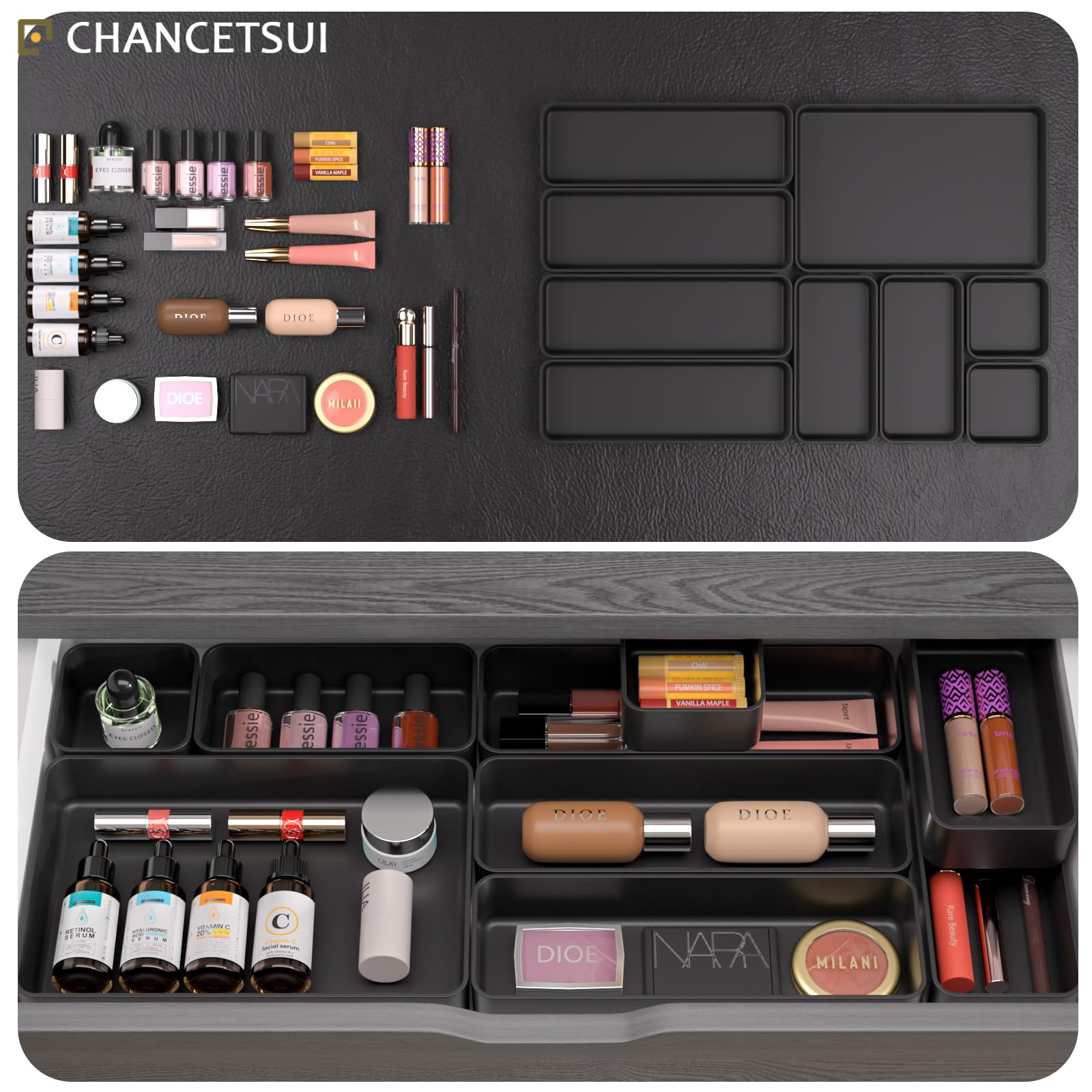 9 Pcs Organizer Trays Set, Multifunctional Stackable Storage Trays for Bedroom, Bathroom, Kitchen Drawer Organizer. Plastic Drawer Storage Boxes Available In 5 Colours, White, Black, Military Blue, Dusty Rose And Forest Green