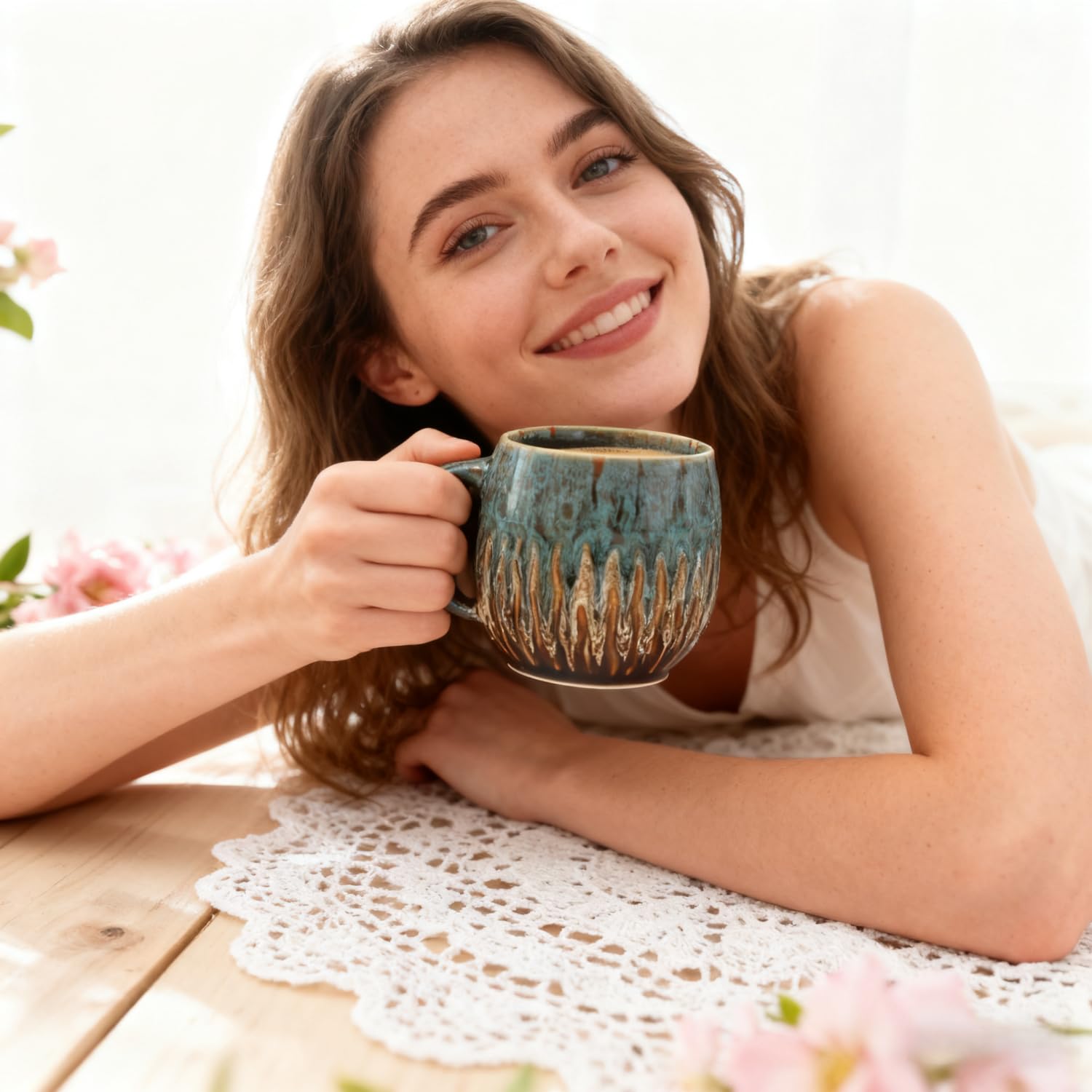 20oz Large Coffee Mug - Unique Handcrafted Look Ceramic Cup, Large Tea Mug, Microwave & Dishwasher Safe (Blue)