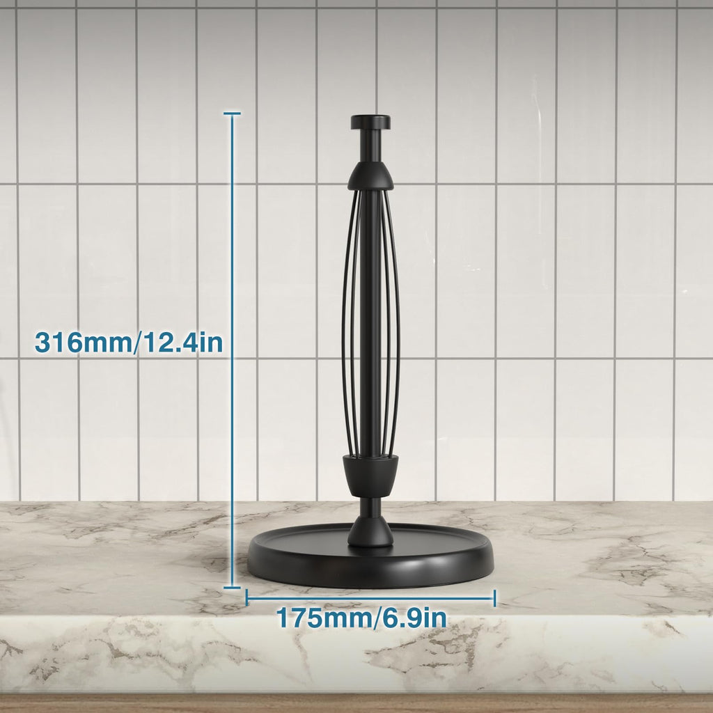 Paper Towel Holder Countertop, One-Handed Tear, Stainless Steel, Weighted Base, Black Paper Towel Holder Stand with Ratchet Mechanism for Kitchen Bathroom Decor Accessories, Black