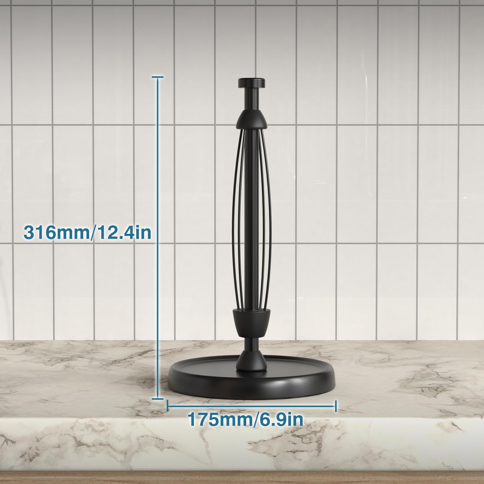Paper Towel Holder Countertop, One-Handed Tear, Stainless Steel, Weighted Base, Black Paper Towel Holder Stand with Ratchet Mechanism for Kitchen Bathroom Decor Accessories, Black