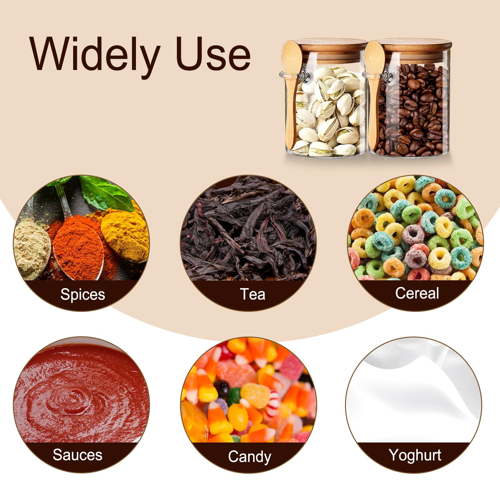 Spice Jars with Label 7oz Glass Storage Containers with Lids and Spoon Small Glass Jars for Overnight Oats Cereal Containers Storage Meal Prep Jars for Sugar Yogurt Chia Pudding Salt Candy 8pcs