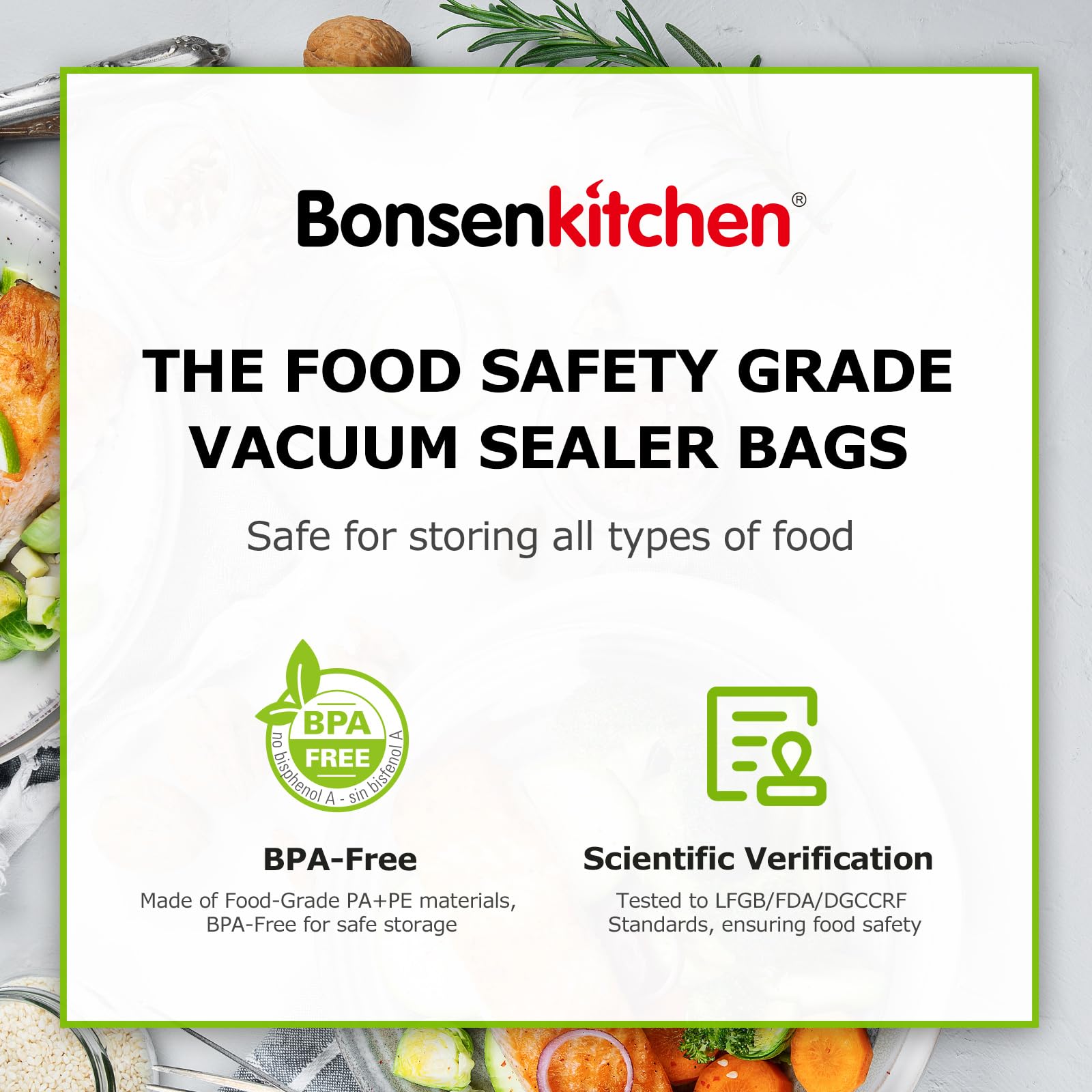 Bonsenkitchen Vacuum Sealer Bags, 6 Pack 3 Rolls 11" x 20' + 3 Rolls 8" x 20' Food Sealer Bags, Food Grade, BPA Free, Customized Size Vcuum Bag for Vac Storage, Meal Prep or Sous Vide Cooking, VB3211
