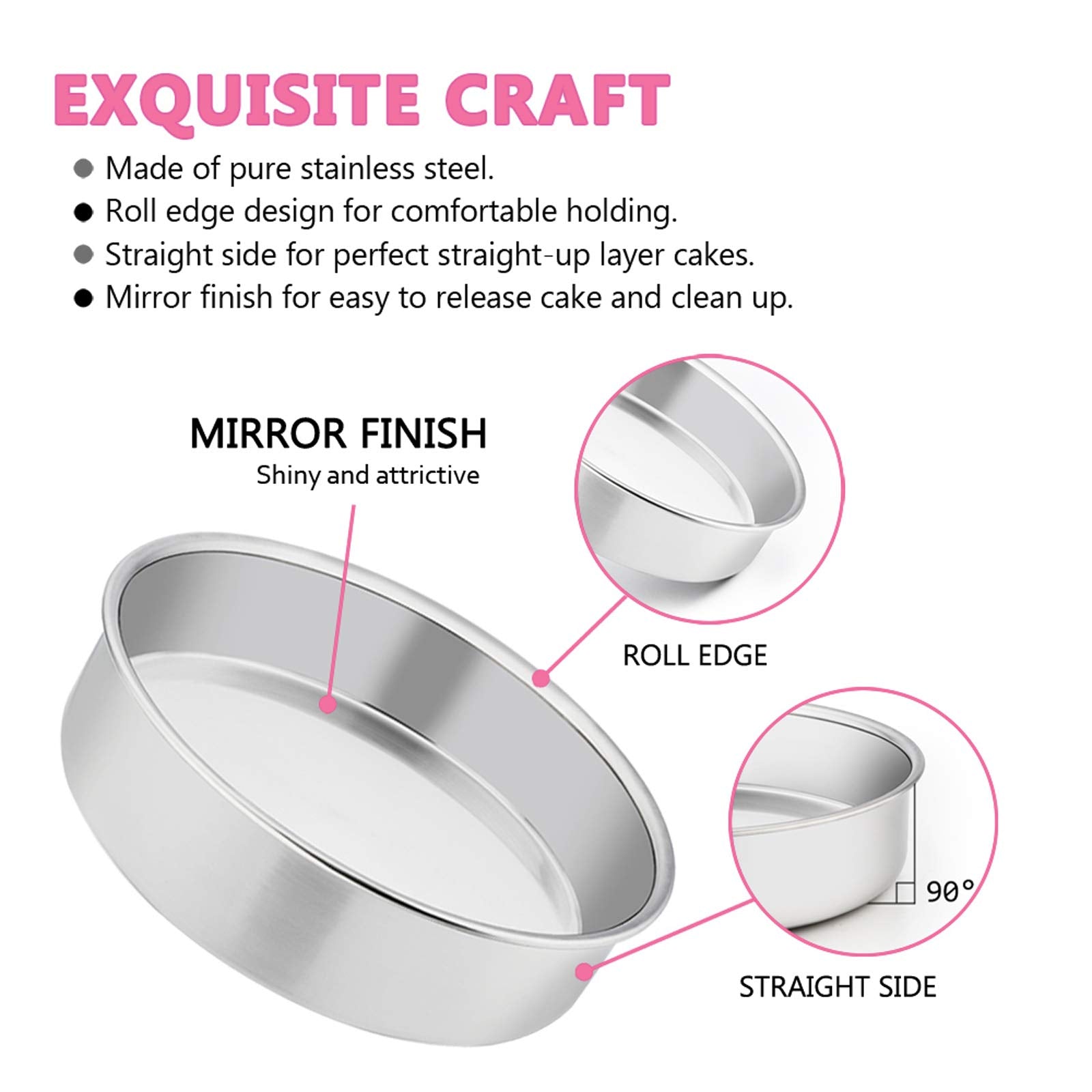 6 Inch Cake Pan Set of 2, E-far Stainless Steel Round Smash Cake Baking Pans, Non-Toxic & Healthy, Mirror Finish & Dishwasher Safe