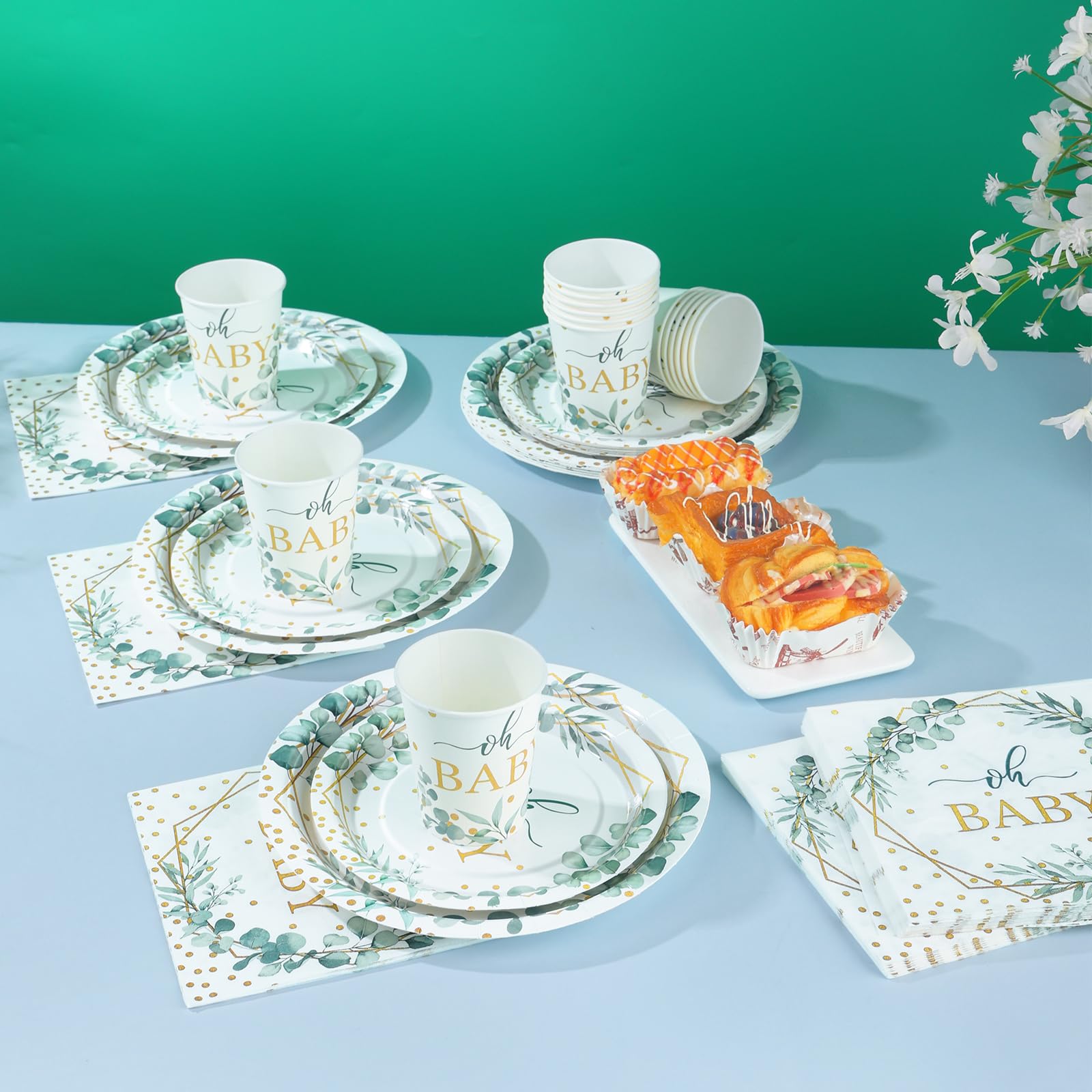 Gudvilla 168 PCS Sage Green Baby Shower Decorations Neutral, Baby Shower Plates and Cups and Napkins Sets Serves 24, Oh Baby Plates for Boy, Gender Reveal, Green and Gold Plant Eucalyptus Boho