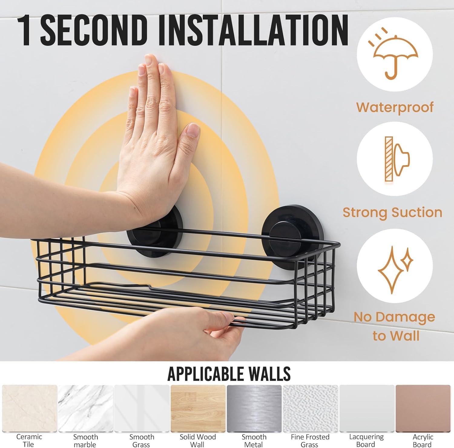 LEVERLOC Shower Caddy Suction Cup, 2 Pack Shower Shelf with Hooks and Soap Holder, NO-Drilling Bathroom Organizer, Rustproof Metal Bathroom Storage and Organization - Black