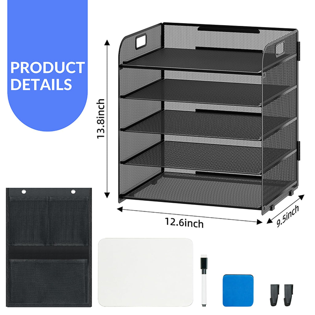 Desk Organizer with Erase Board, Storage Bag, Pen and Whiteboard Eraser, 5-Tier Paper Letter Tray File Organization: Mesh Workspace Document Storage Desktop Organizer Accessories for Office Supplies